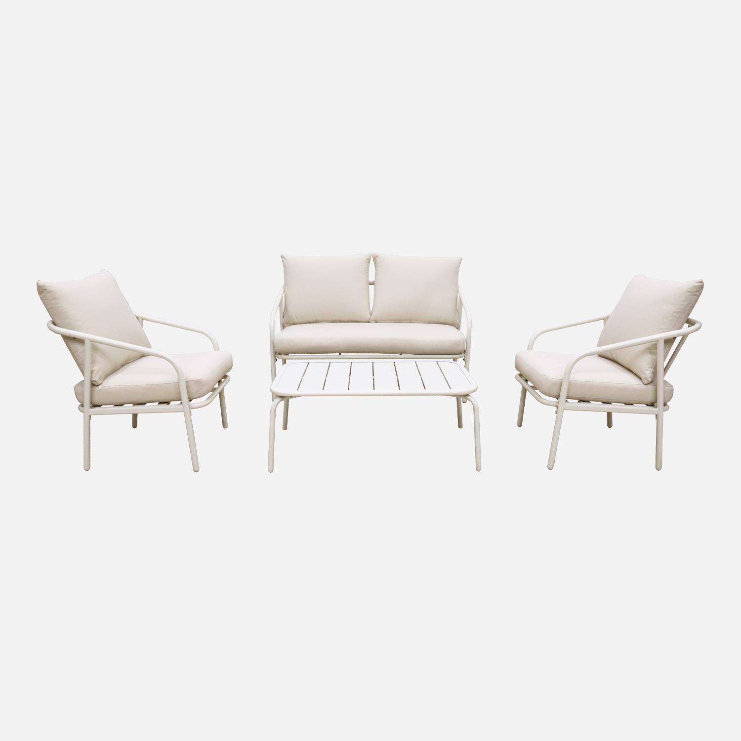 Gartenmöbelset aus Metall 4 Plätze, weiß mit beigefarbenen Kissen, 1 Sofa, 2 Sessel und 1 Tisch - Messina Photo4