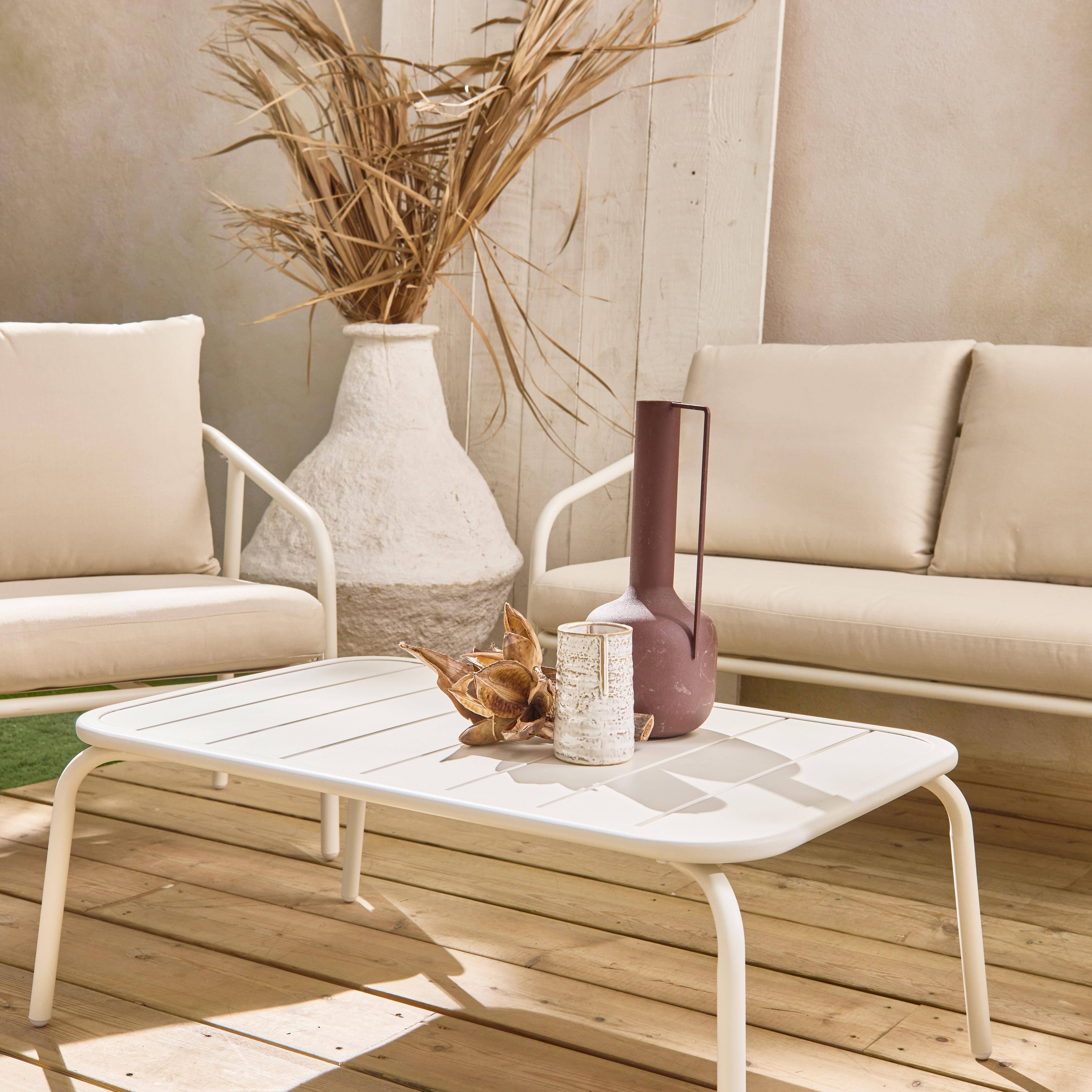 Salon de jardin en métal 4 places blanc, coussins beige, design épuré arrondi  ,sweeek,Photo2