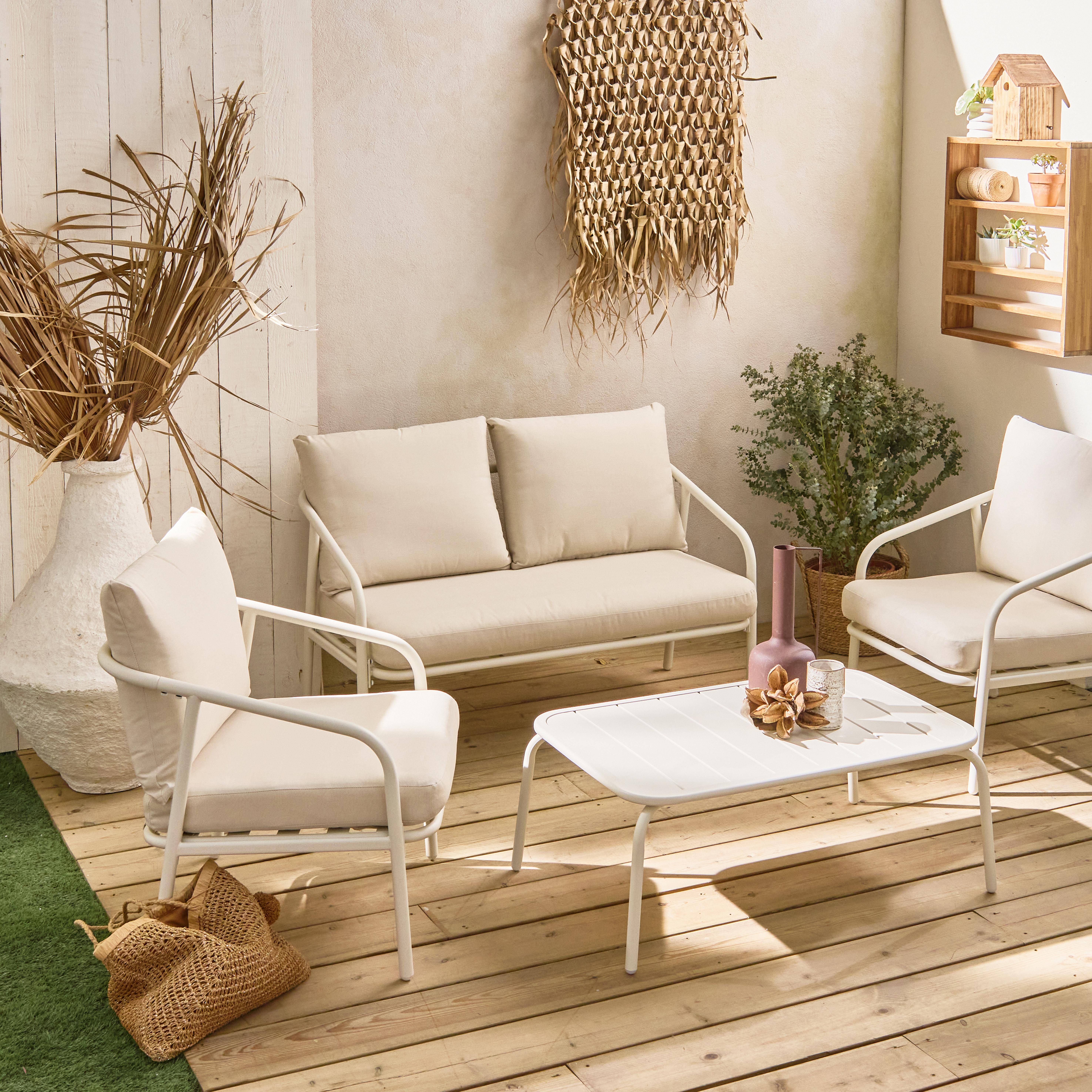 Salon de jardin en métal 4 places blanc, coussins beige, design épuré arrondi  ,sweeek,Photo1