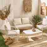 Salon de jardin en métal 4 places blanc, coussins beige, design épuré arrondi   Photo1