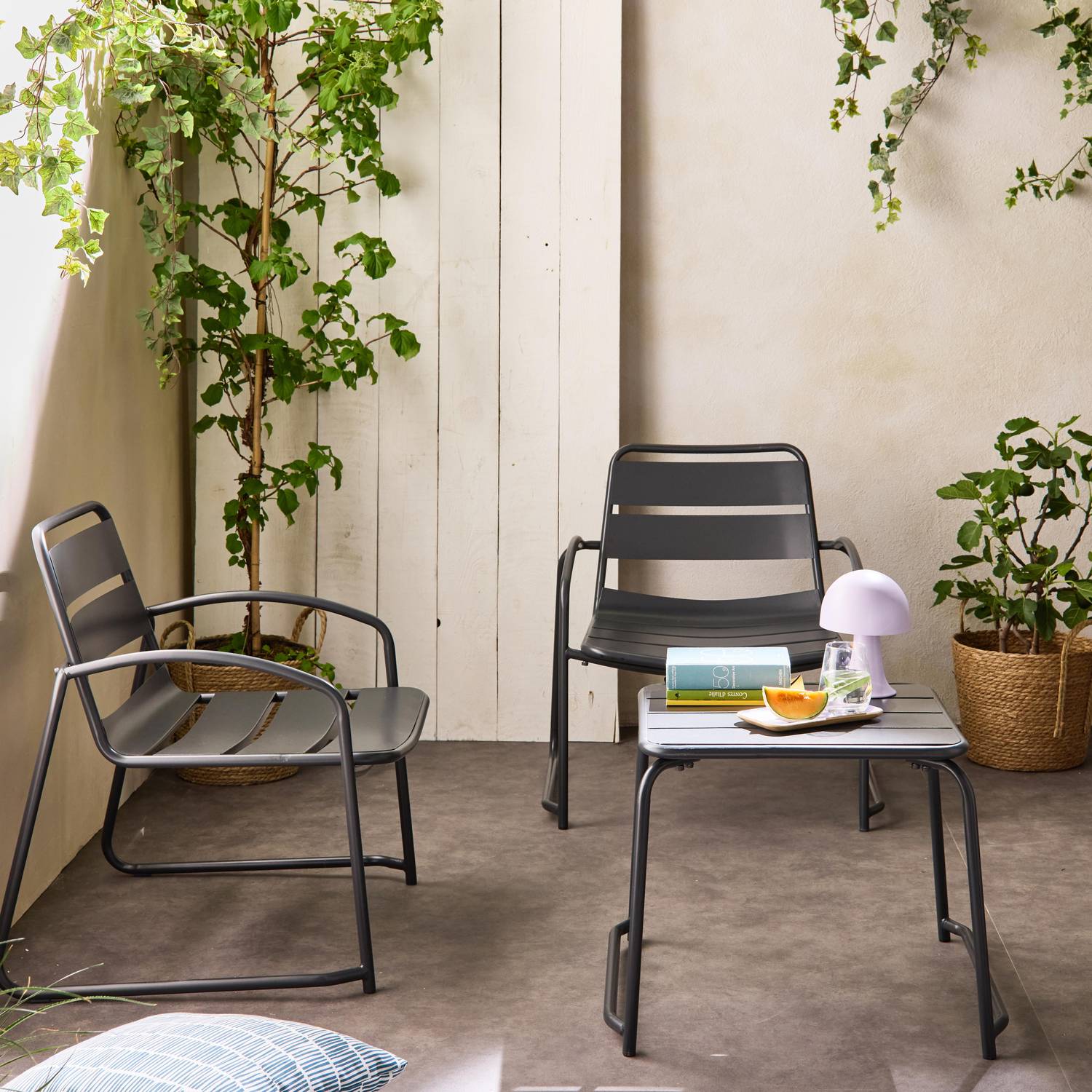 Set de jardin relax anthracite Suzana, 2 chaises 1 table d'appoint en acier Photo2
