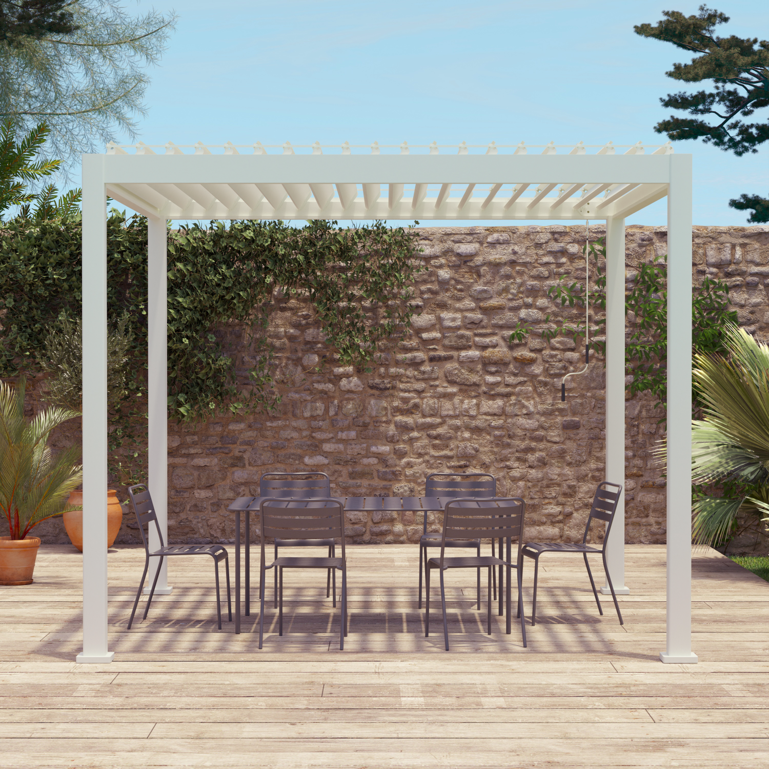 Pergola bioclimatique aluminium blanc Triomphe 3x3 m lames orientables Photo1