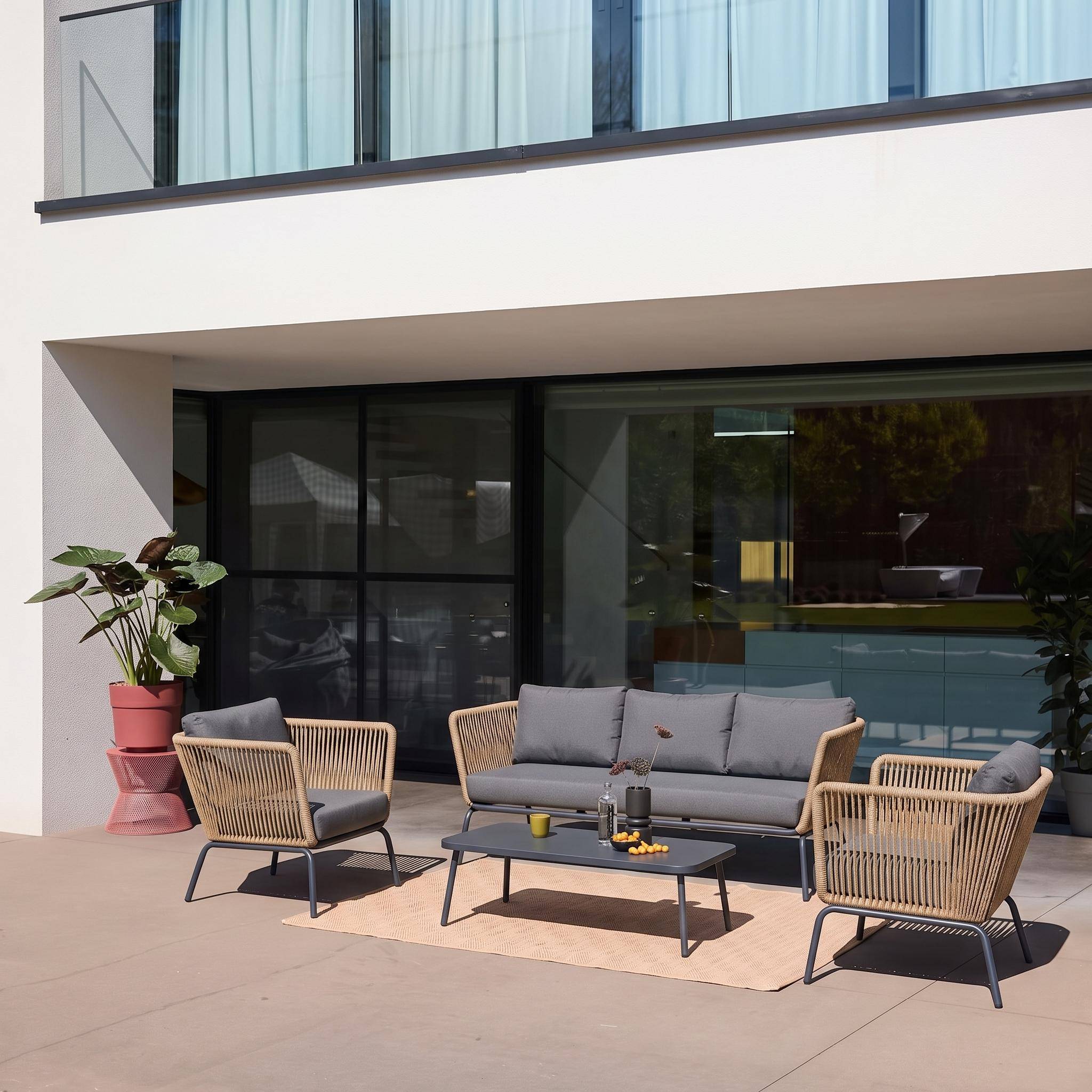 Conjunto de jardín bajos, resina tejida efecto ratán, 5 plazas Antracita - 221x82x76 cm Photo2
