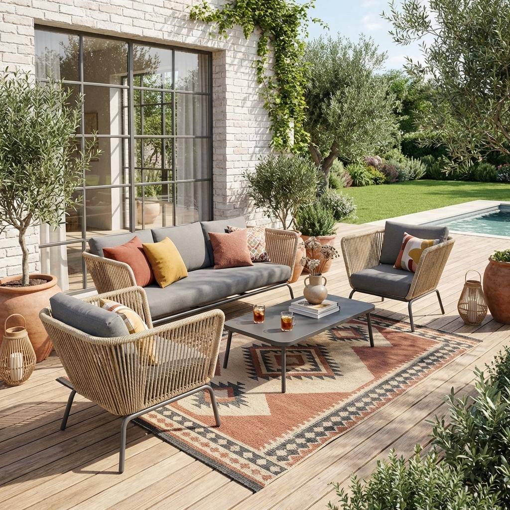 Lounge Gartenmöbelset, Kunststoffbespannung mit Rattanlook, anthrazitfarbene Kissen, 5 Personen - Singapour Photo1