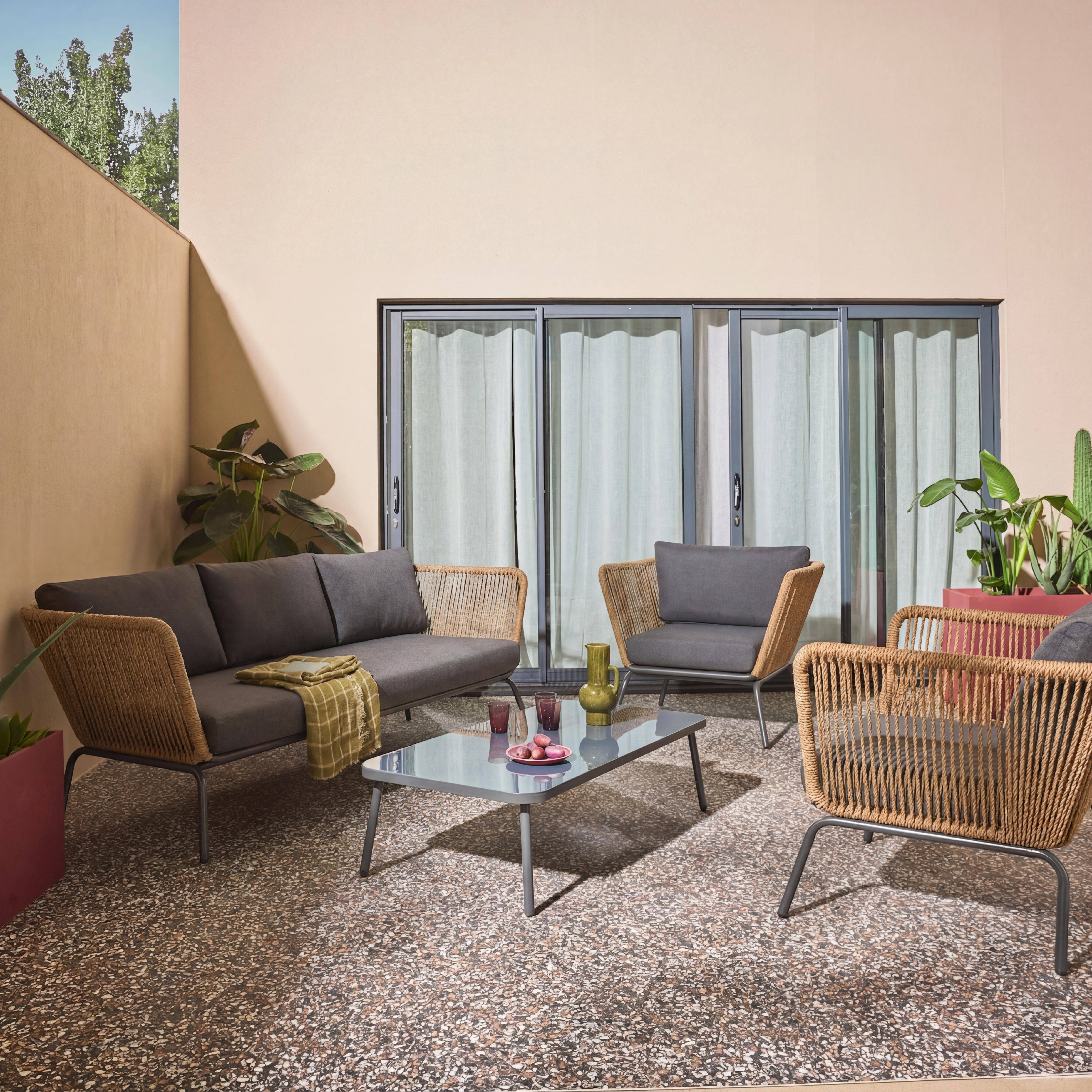 Niski zestaw mebli ogrodowych, pleciona żywica z efektem liny, antracytowe poduszki, 5-osobowy Photo2