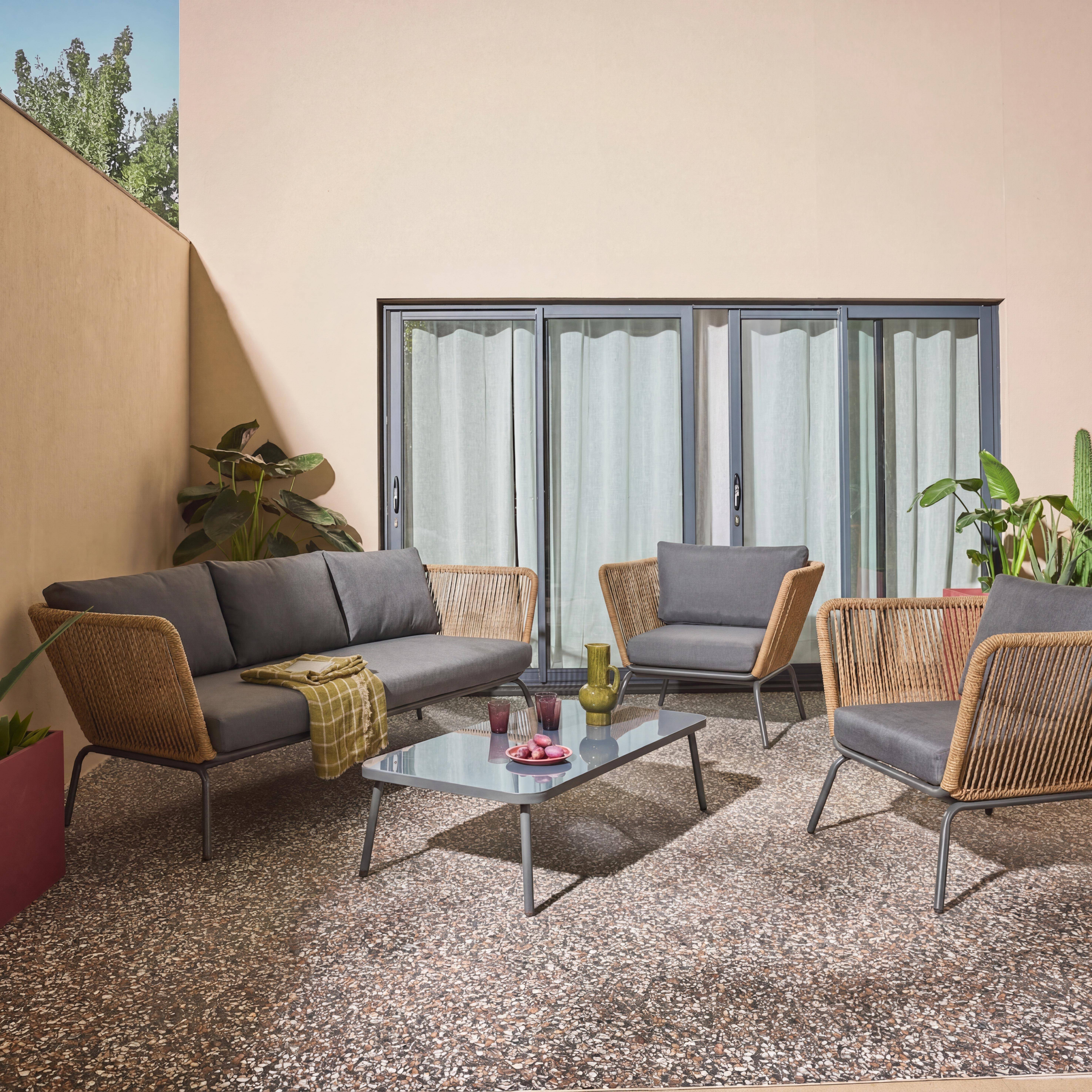 Niski zestaw mebli ogrodowych, pleciona żywica z efektem liny, antracytowe poduszki, 5-osobowy,sweeek,Photo1