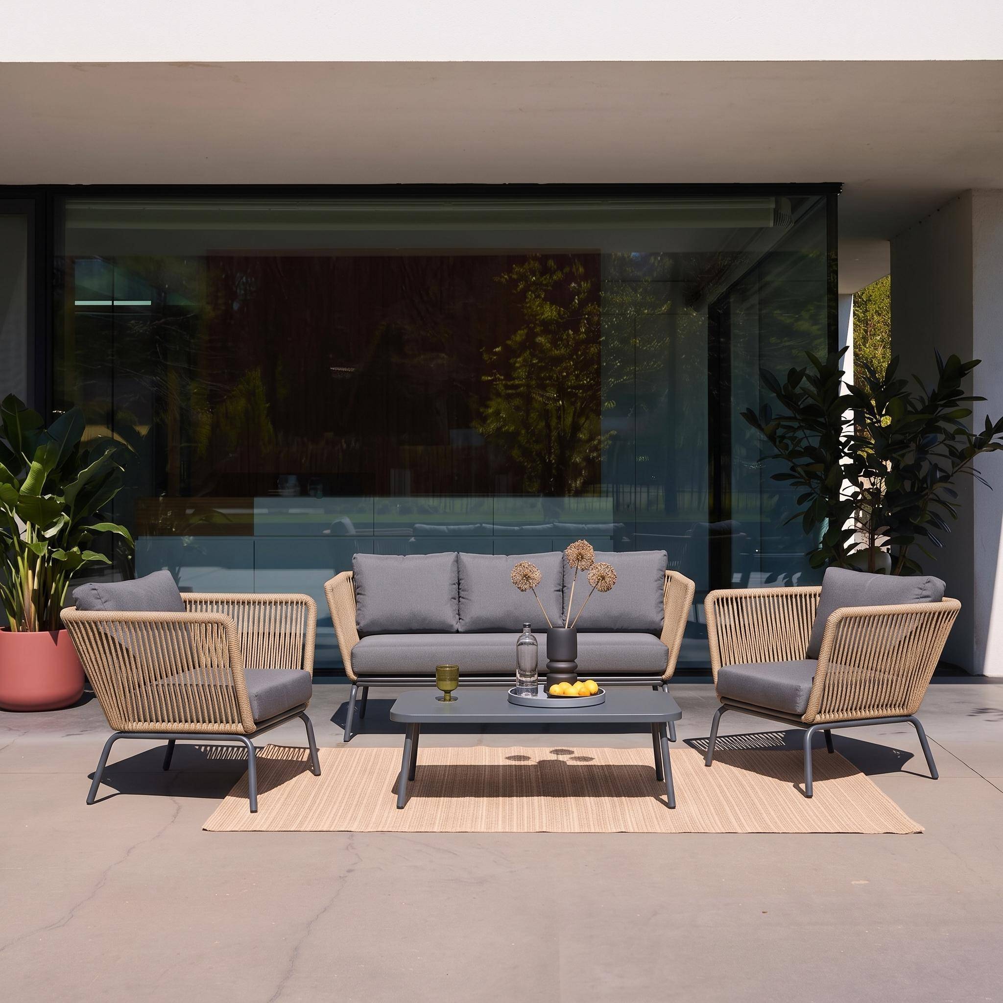 Conjunto de jardín bajos, resina tejida efecto ratán, 5 plazas Antracita - 221x82x76 cm Photo3