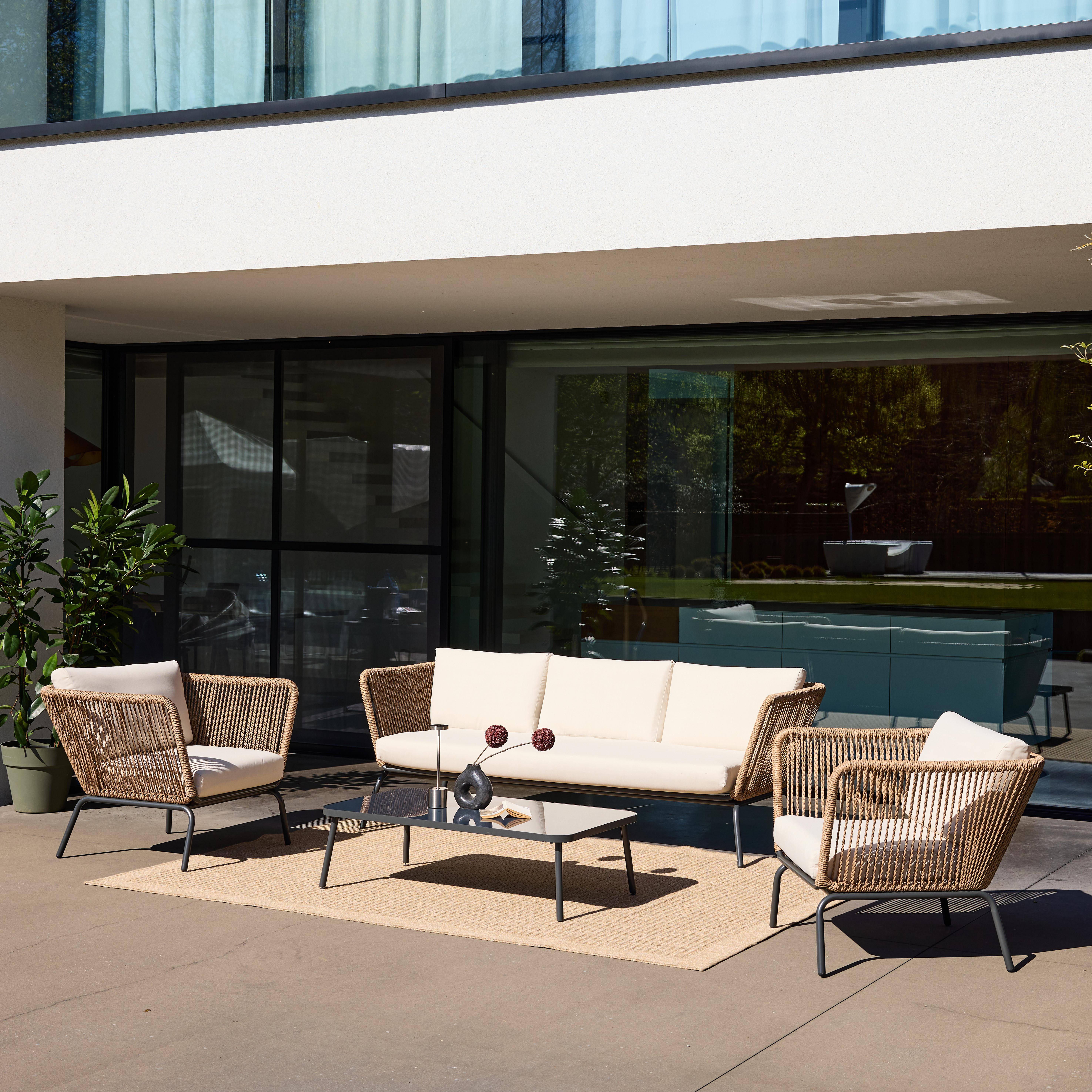 Niski zestaw mebli ogrodowych, pleciona żywica z efektem liny, beżowe poduszki, 5-osobowy Photo2