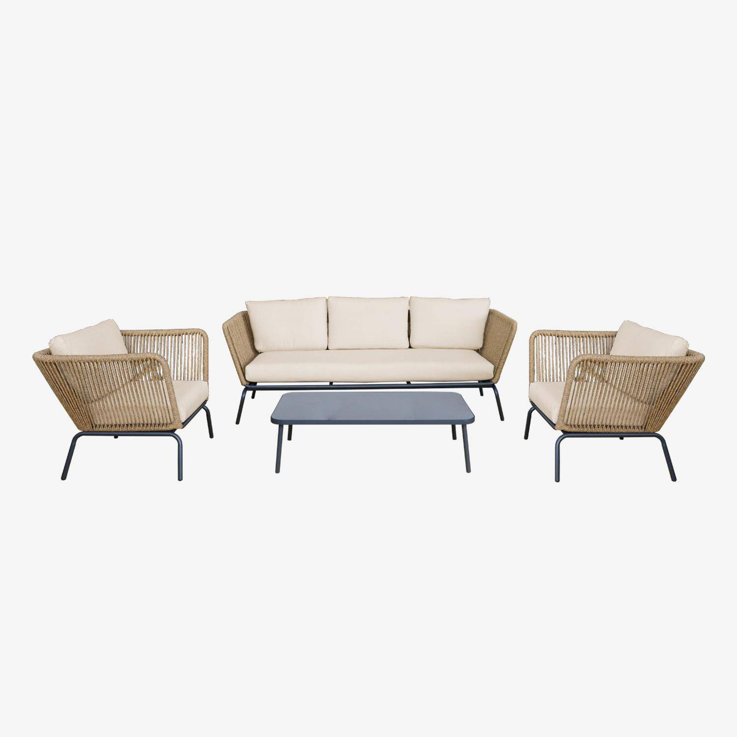 Set di mobili bassi da giardino, resina intrecciata effetto rattan, 5 posti, Singapour, Beige, 221x82x76 cm,sweeek,Photo2