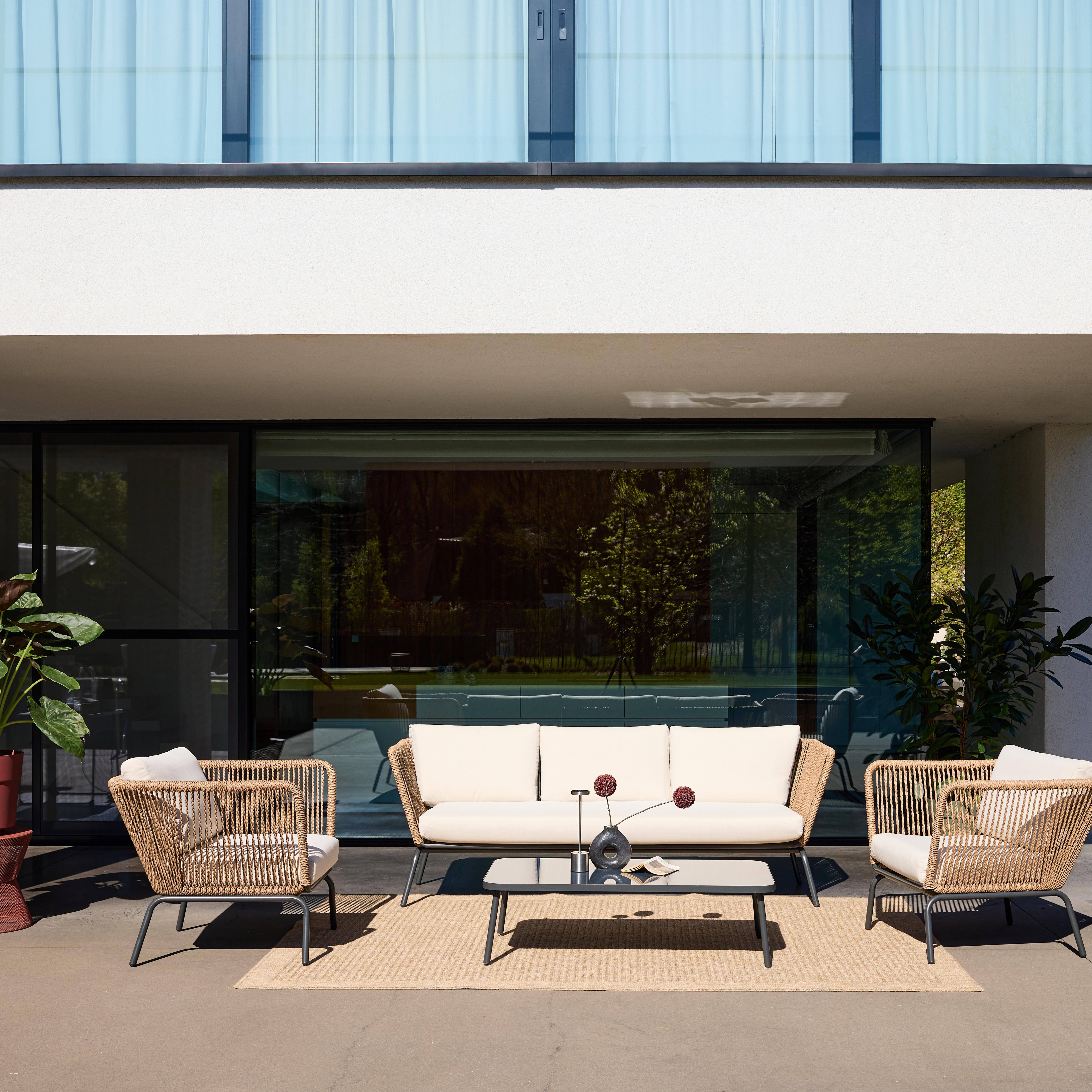 Niski zestaw mebli ogrodowych, pleciona żywica z efektem liny, beżowe poduszki, 5-osobowy,sweeek,Photo1