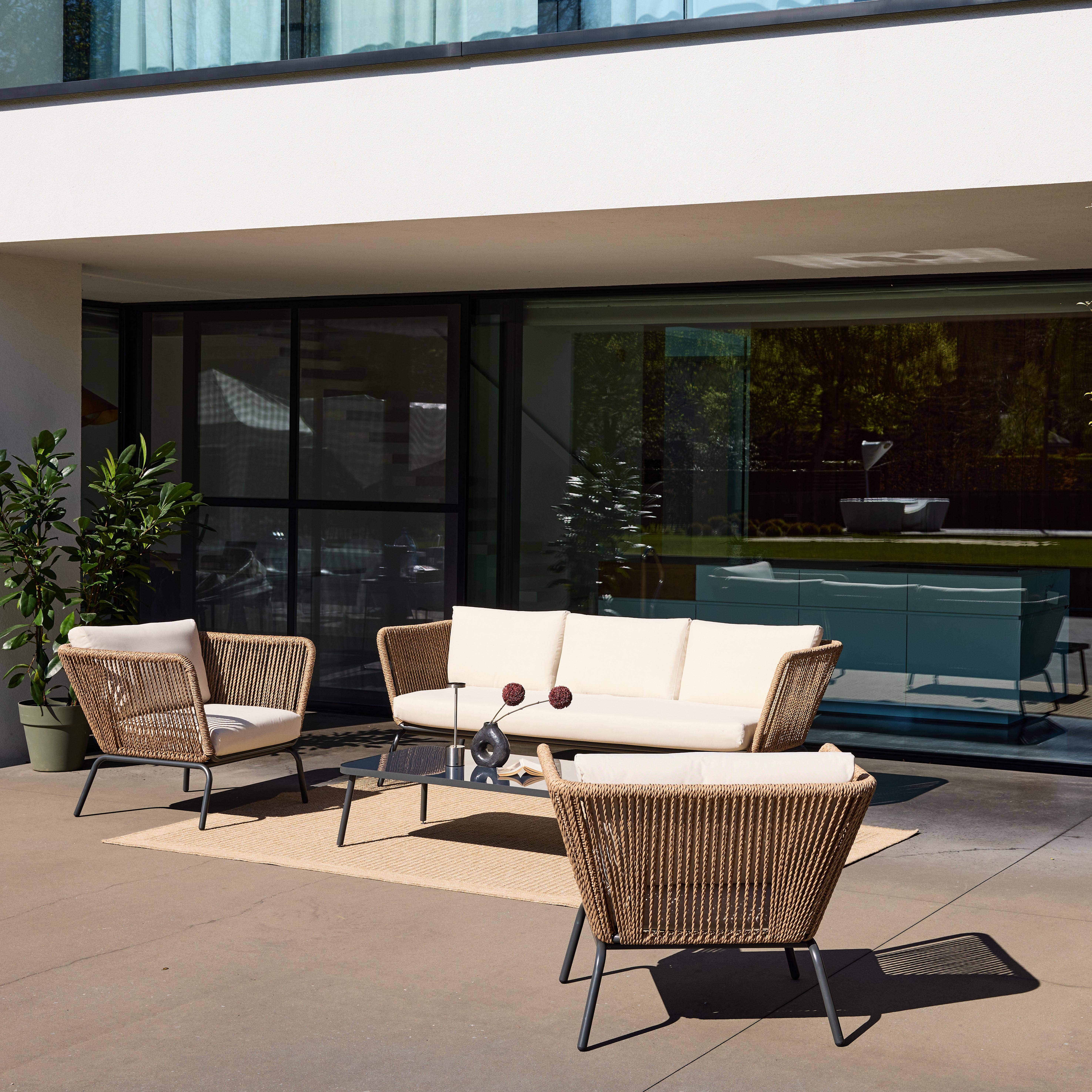 Niski zestaw mebli ogrodowych, pleciona żywica z efektem liny, beżowe poduszki, 5-osobowy,sweeek,Photo3