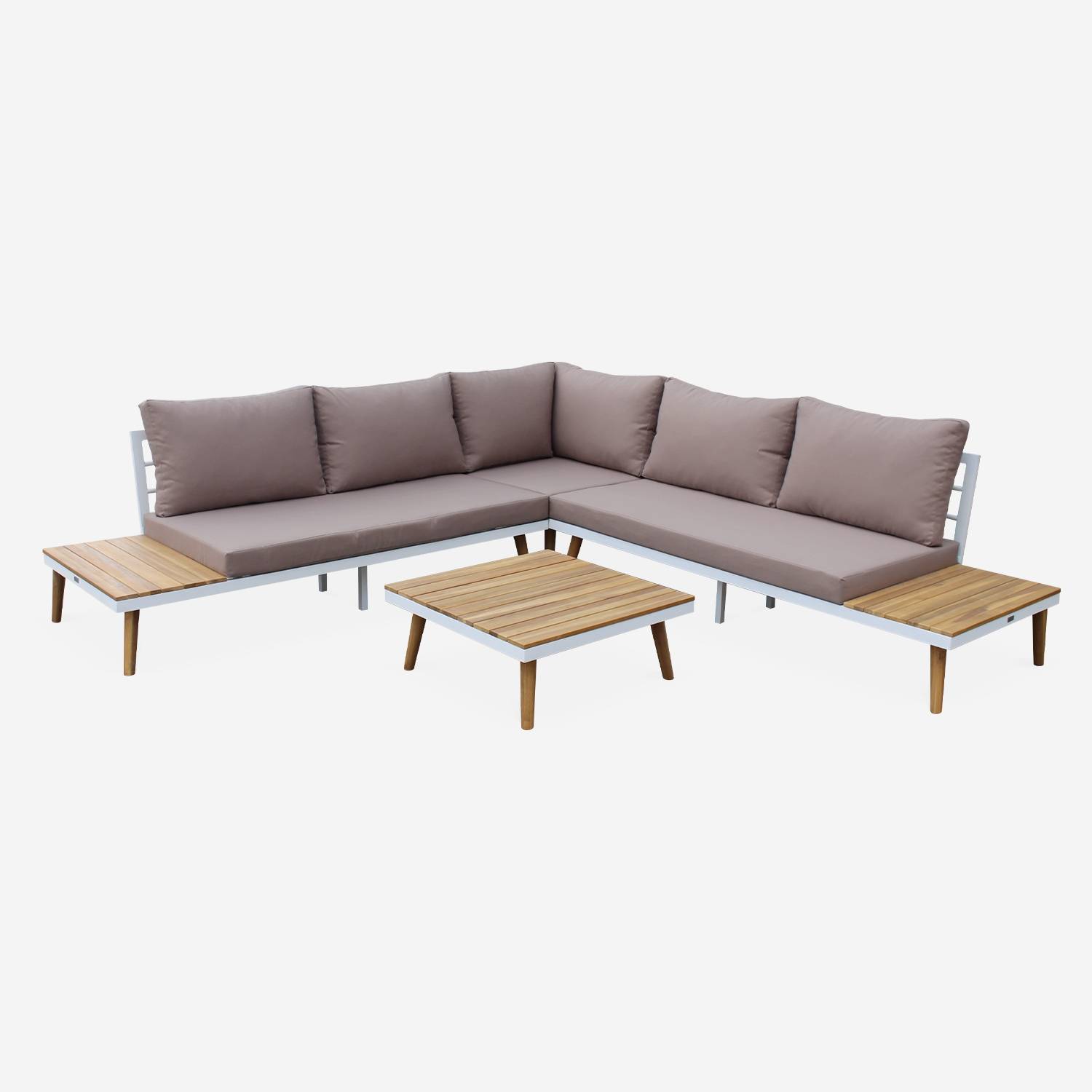 5-seater wooden outdoor sofa - corner sofa, acacia side tables and coffee table, aluminium frame, Beige-Brown | sweeek