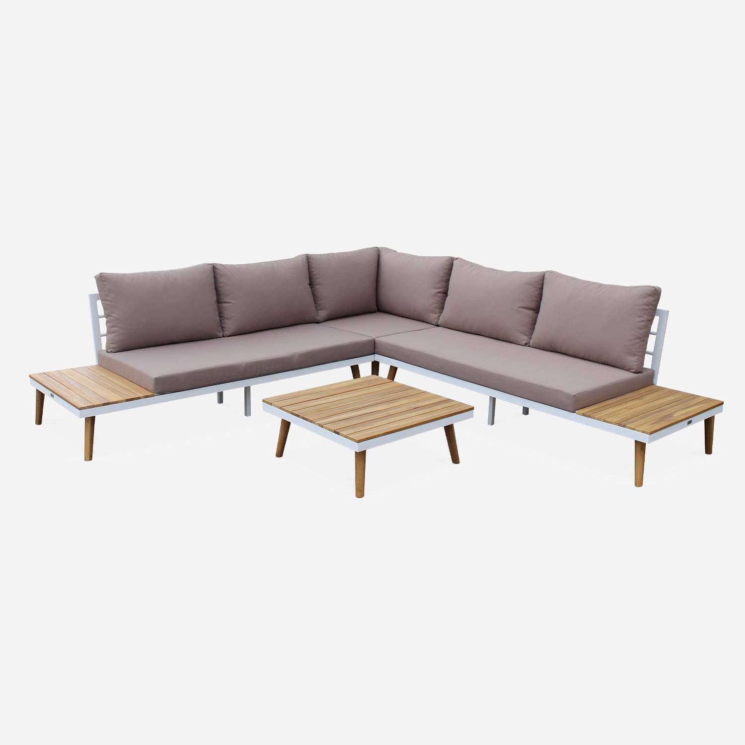 5-seater wooden outdoor sofa - cushions, corner sofa, acacia wood side tables and coffee table, aluminium frame, Scandinavian-style legs - Buenos Aires - Beige-Brown,sweeek,Photo2