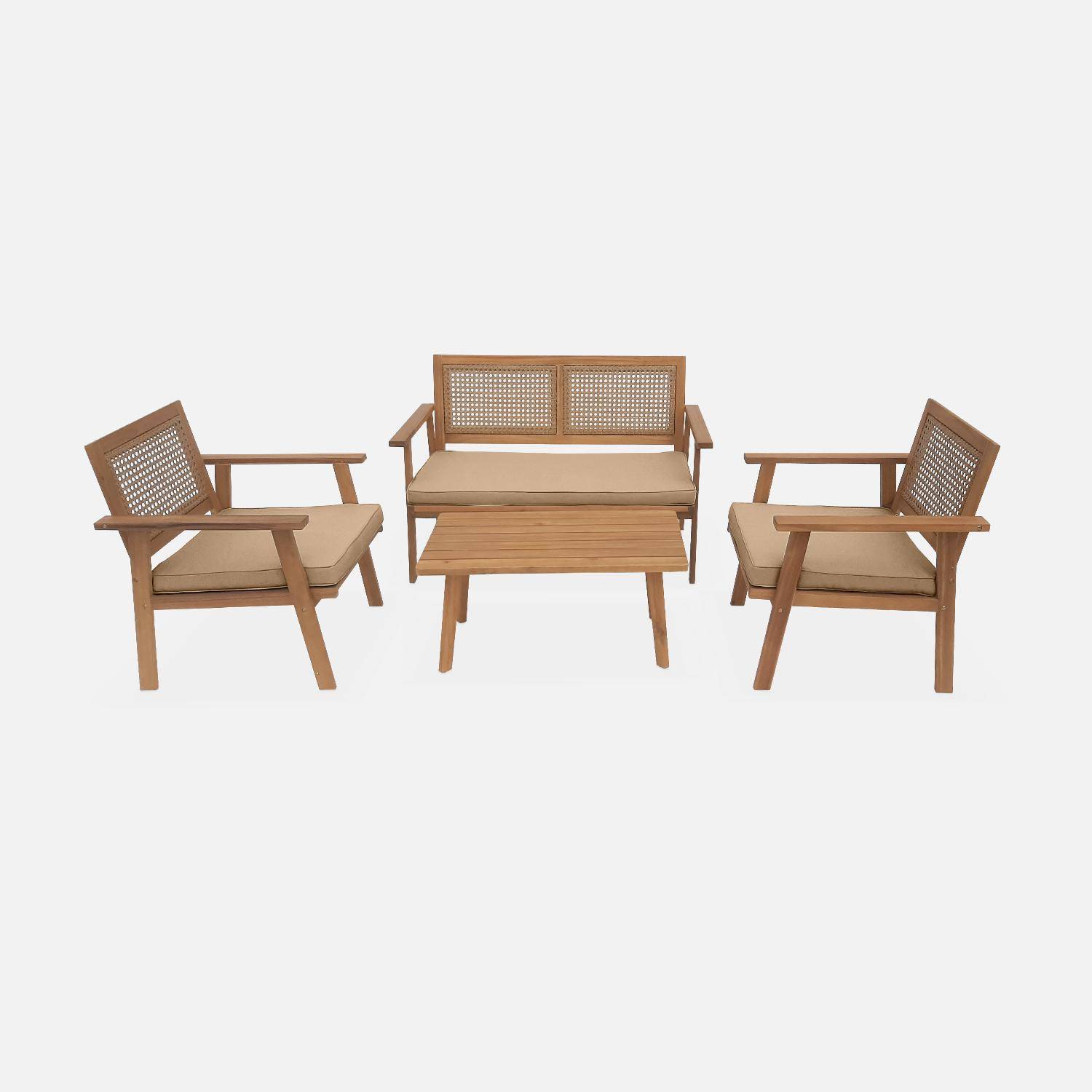 4-seater wood and cane rattan garden sofa set, Teak colour Photo4