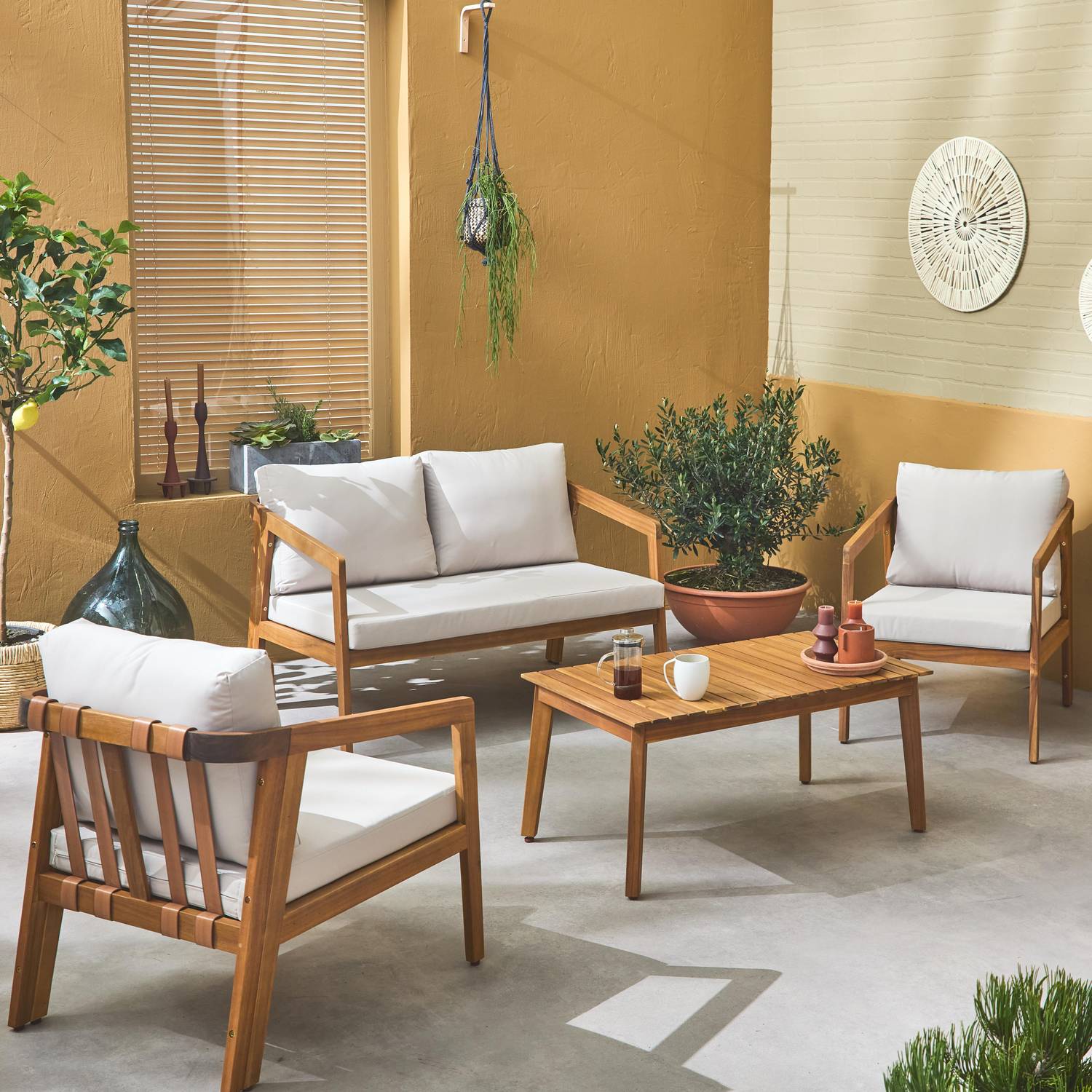 4-seater wooden garden sofa set, beige, natural acacia, 108.5 x 74.7 x 64.5cm Photo2