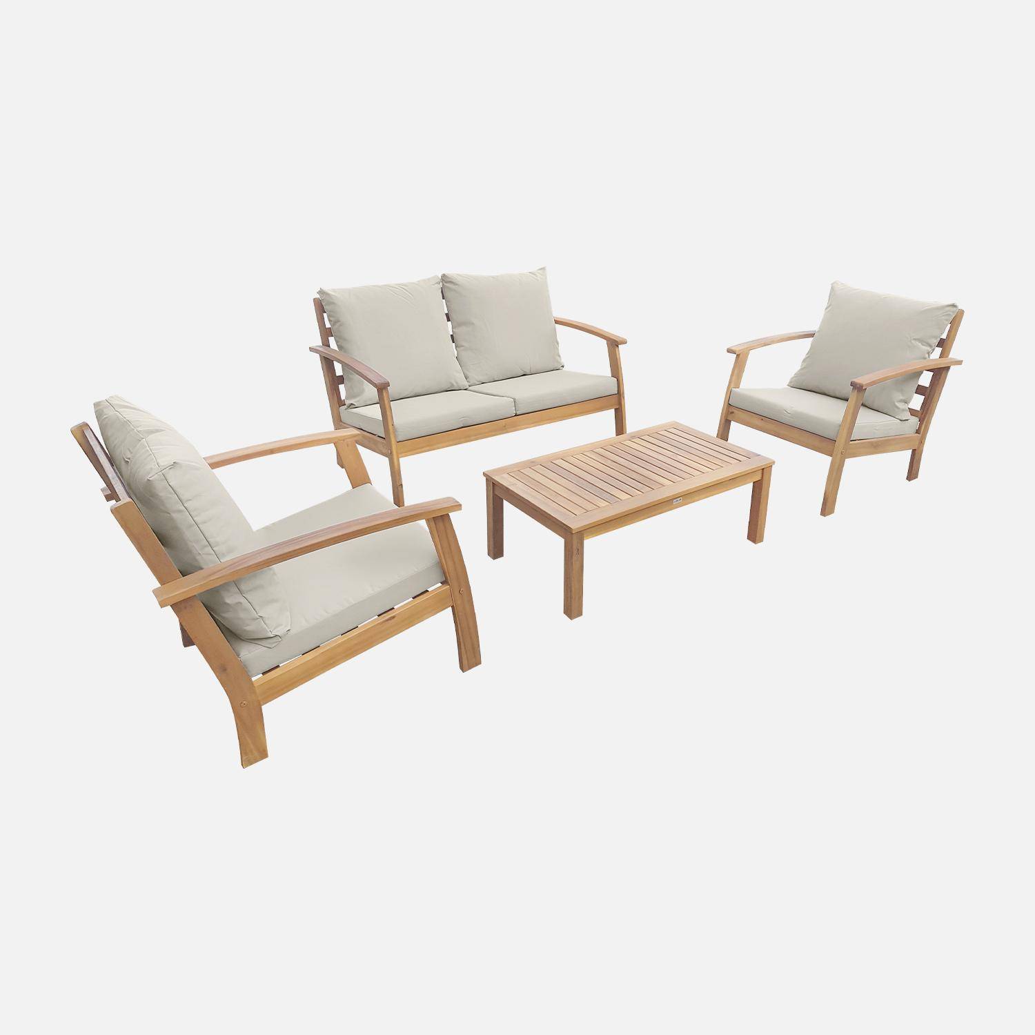 4-seater wooden garden sofa - Acacia wood sofa, armchairs and coffee table, designer piece  - Ushuaia - Off-white,sweeek,Photo2