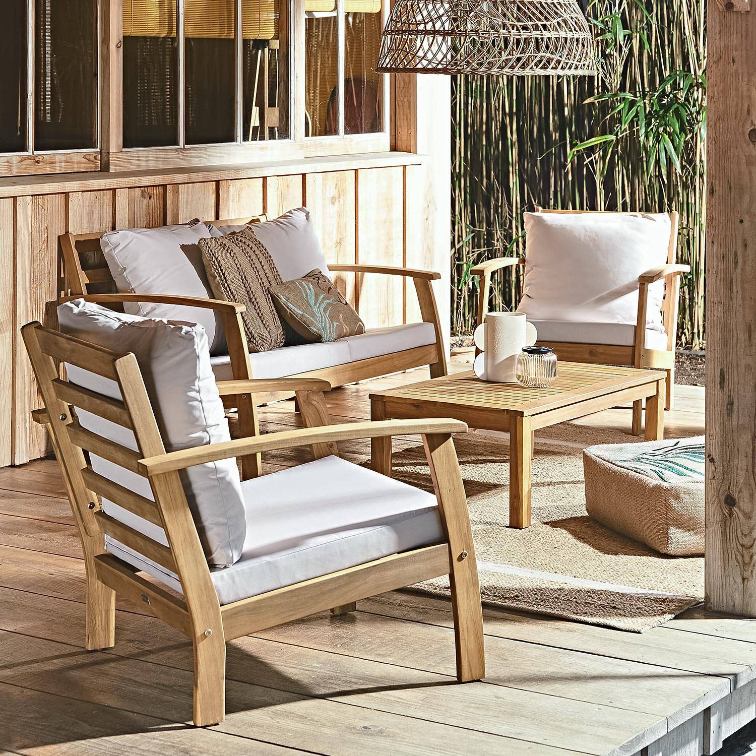 4-seater wooden garden sofa - Acacia wood sofa, armchairs and coffee table, designer piece  - Ushuaia - Off-white Photo1