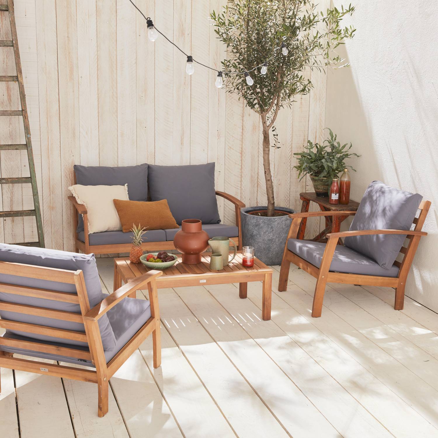 4-seater wooden garden sofa - Acacia wood sofa, armchairs and coffee table, designer piece  - Ushuaia - Grey Photo1