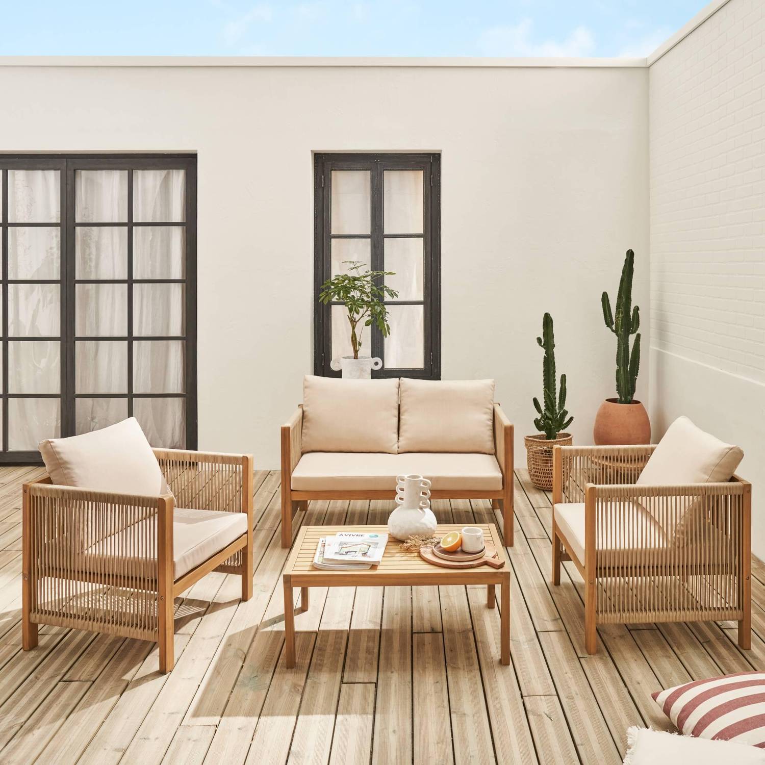4-seater wooden garden sofa set, beige, natural acacia, L122 x W63.5 x H64cm Photo1