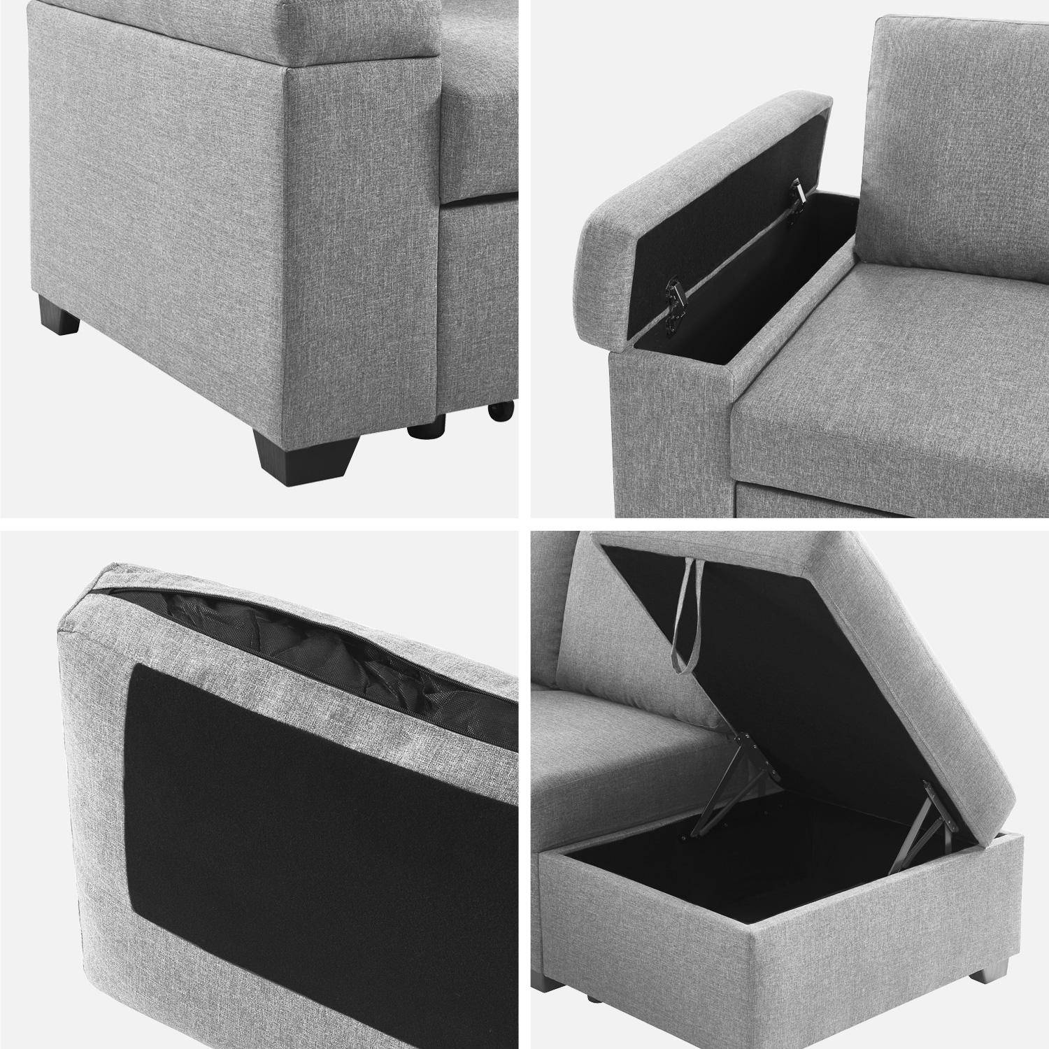 Canapé d'angle gauche convertible, 3 places en tissu gris clair avec pouf Photo10