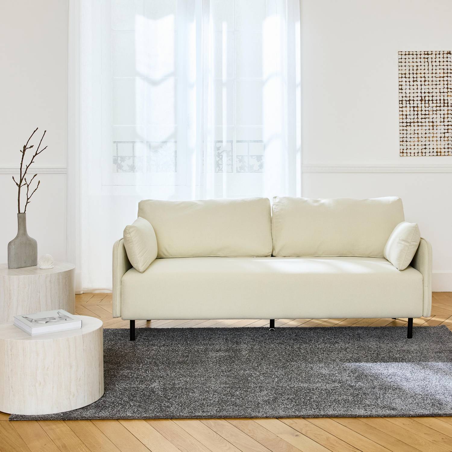  3-Sitzer-Sofa mit wasserabweisendem cremefarbenem Bezug und schwarzen Metallfüßen Photo1