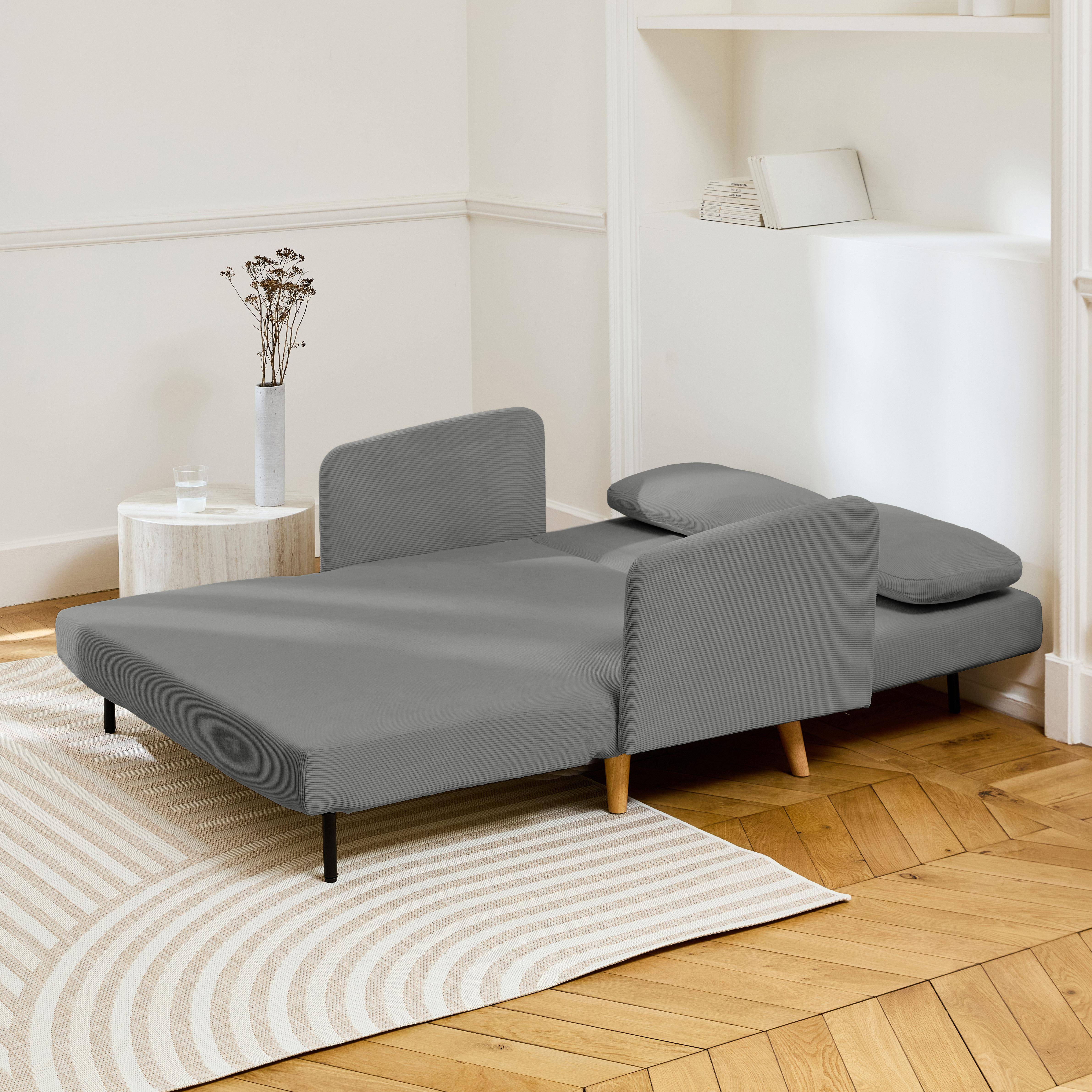 Skandinavisches 2-Sitzer-Sofa mit hellgrauem Cordbezug, Schlaffunktion und verstellbarer Rückenlehne - Panam Photo2