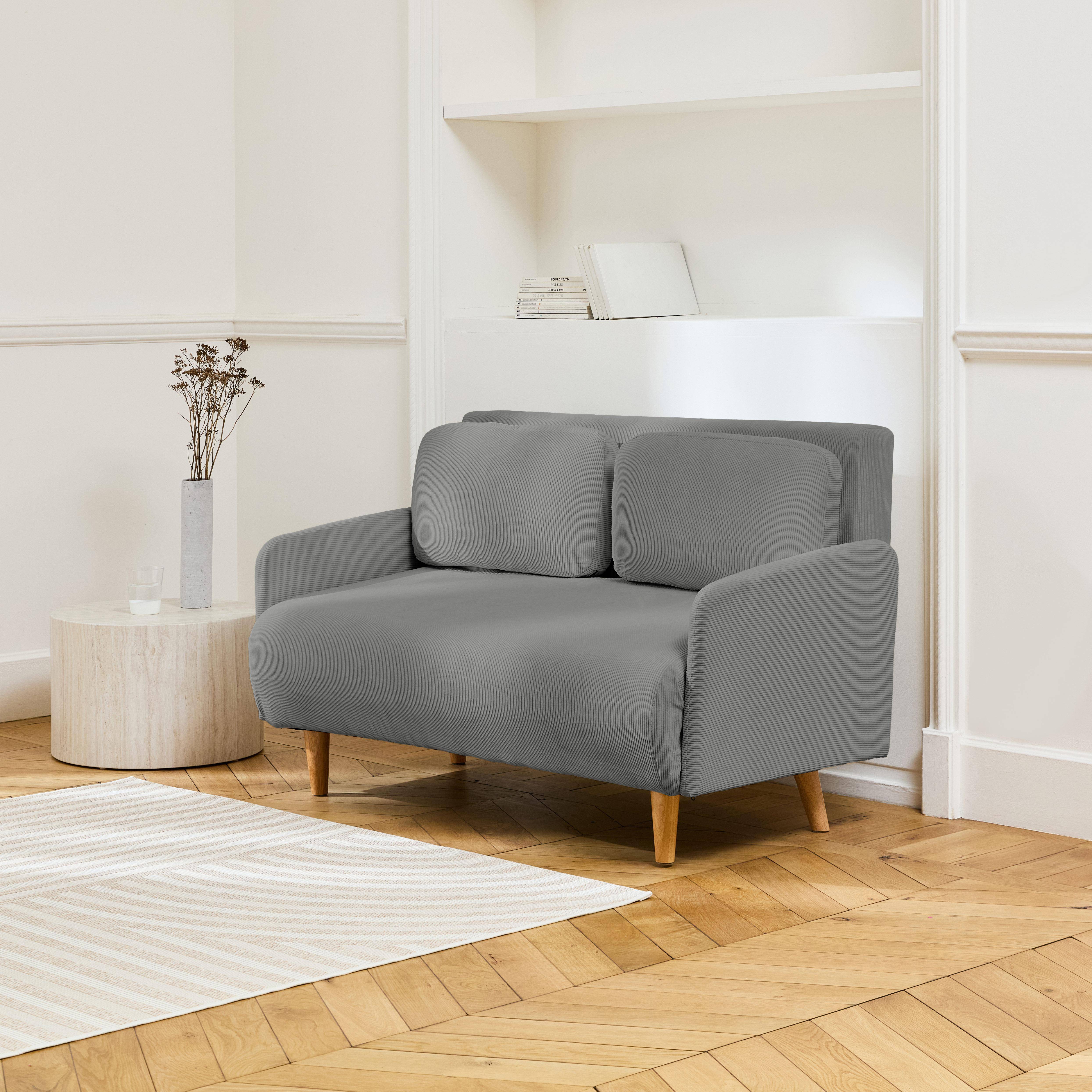 Skandinavisches 2-Sitzer-Sofa mit hellgrauem Cordbezug, Schlaffunktion und verstellbarer Rückenlehne - Panam Photo1