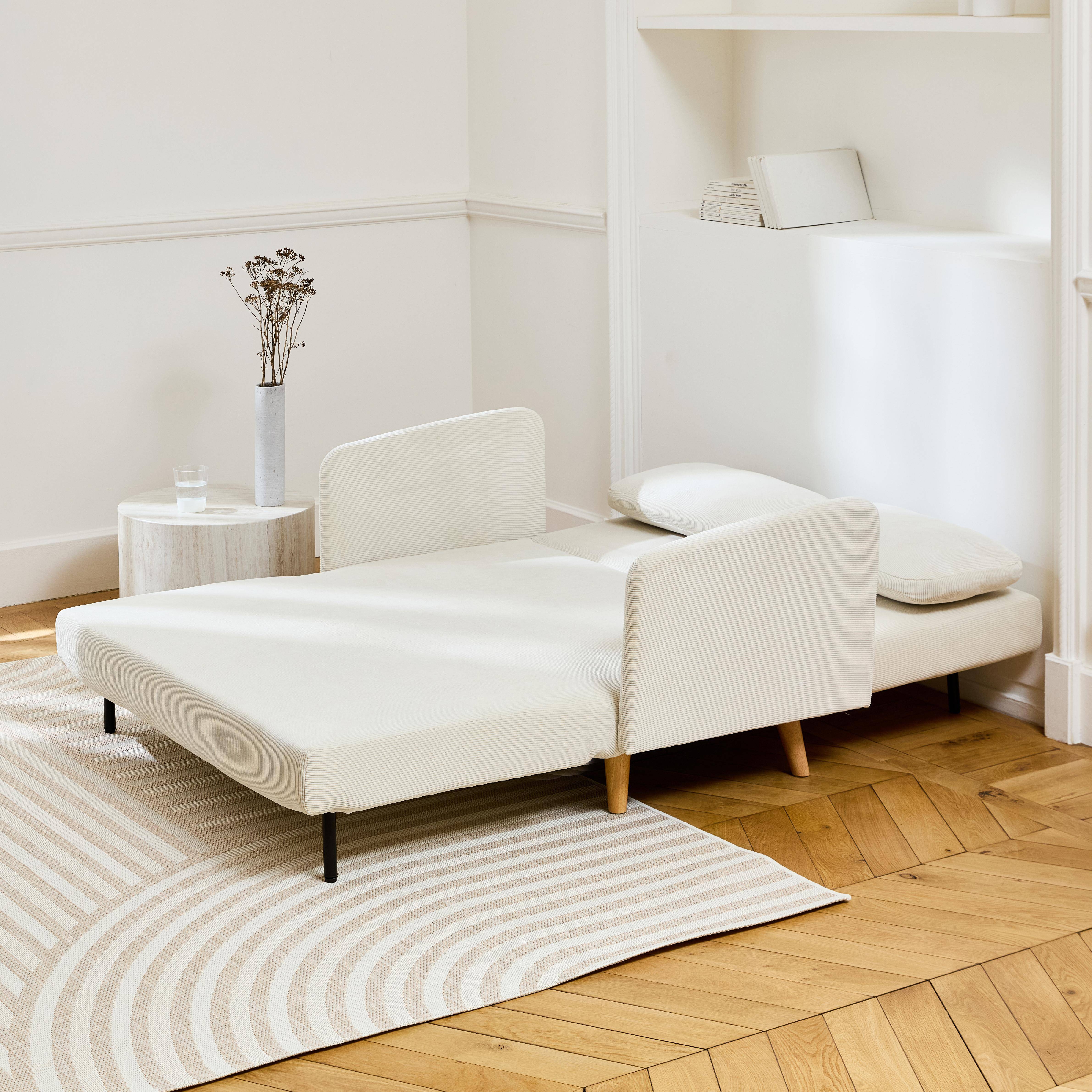 Skandinavisches 2-Sitzer-Sofa mit weißem Cordbezug, Schlaffunktion und verstellbarer Rückenlehne - Panam Photo2