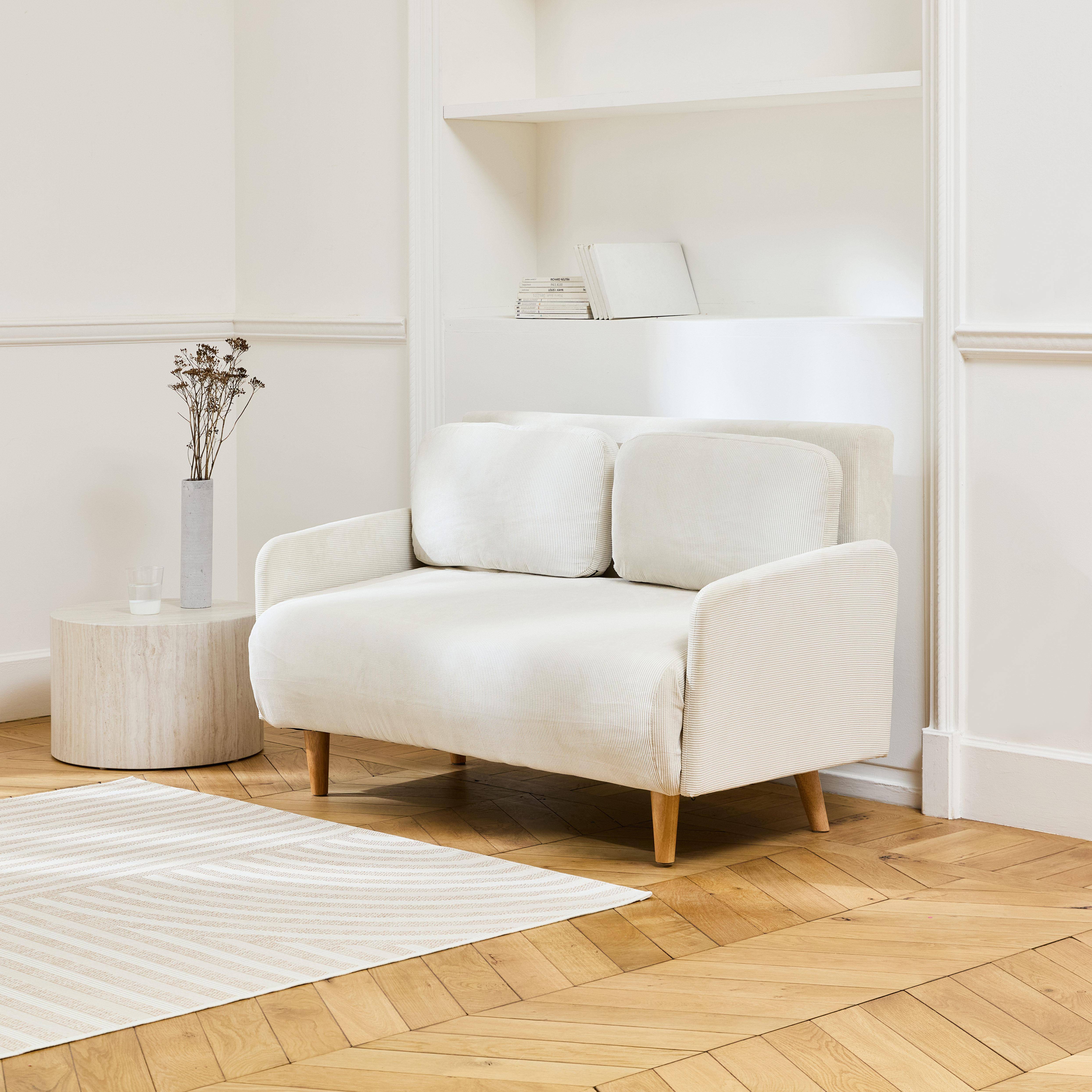 Skandinavisches 2-Sitzer-Sofa mit weißem Cordbezug, Schlaffunktion und verstellbarer Rückenlehne - Panam Photo1
