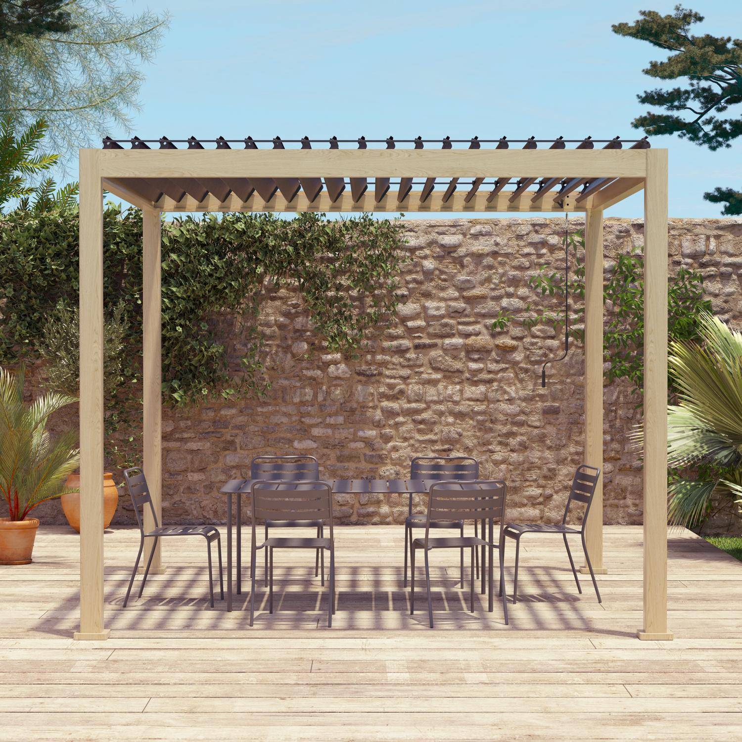 Pergola bioclimatique aluminium coloris bois Triomphe 3x3 m lames orientables Photo1