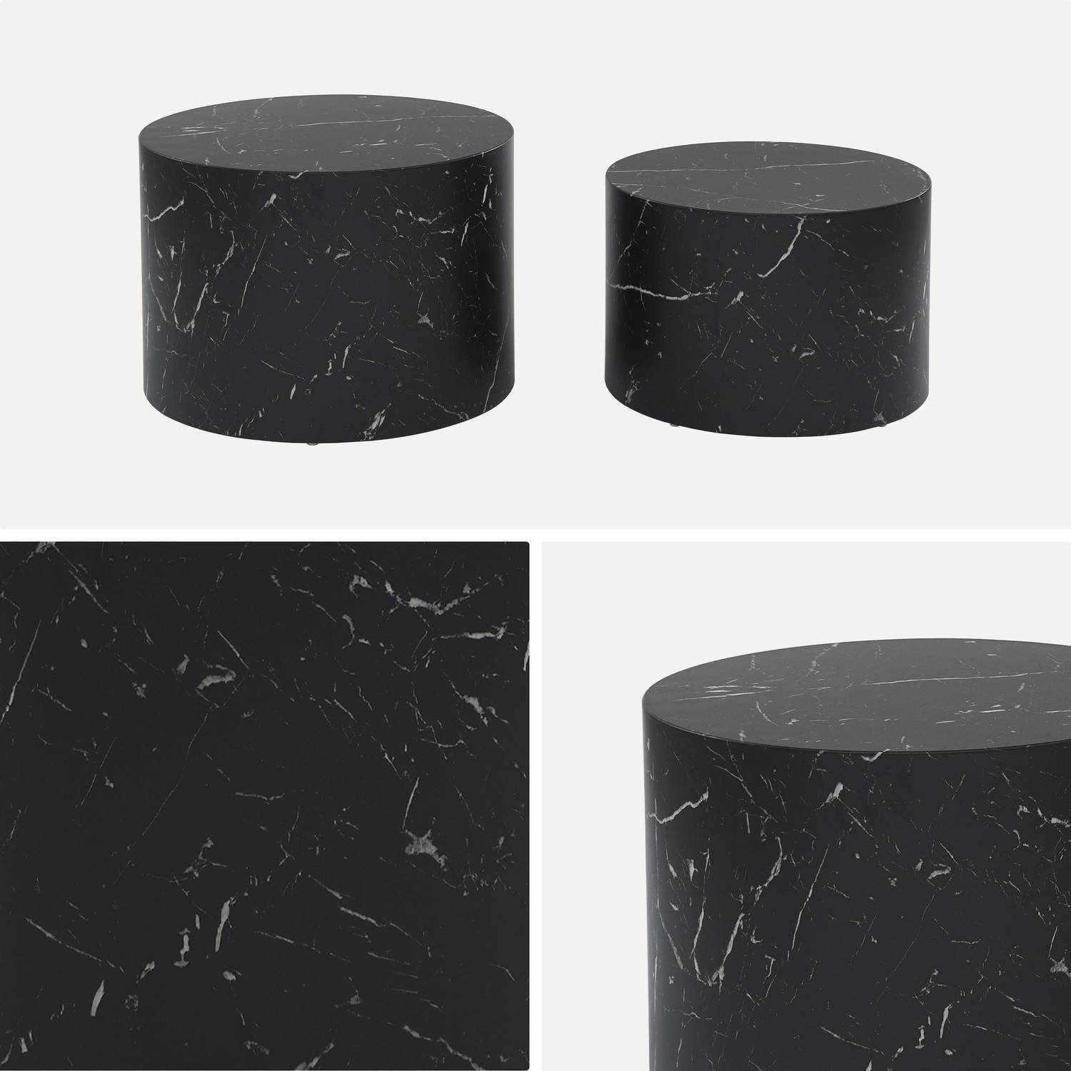 Lot de 2 tables basses PAROS rondes effet marbre noir, tables gigognes Ø58 x H 40cm / Ø50 x H 33cm Photo6