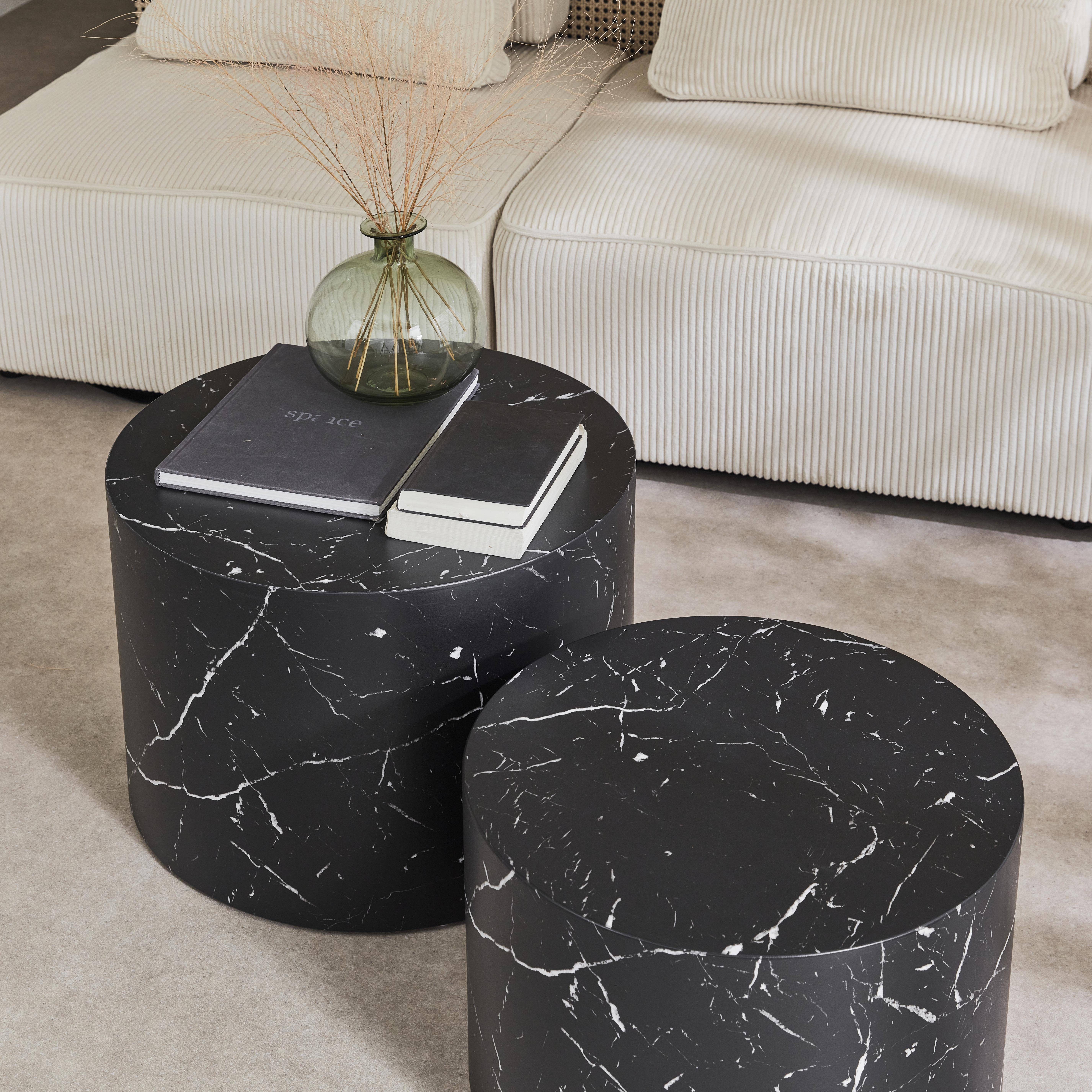 Pair of round marble-effect nesting coffee tables, Paros, Black, 1x58x40 cm,sweeek,Photo4