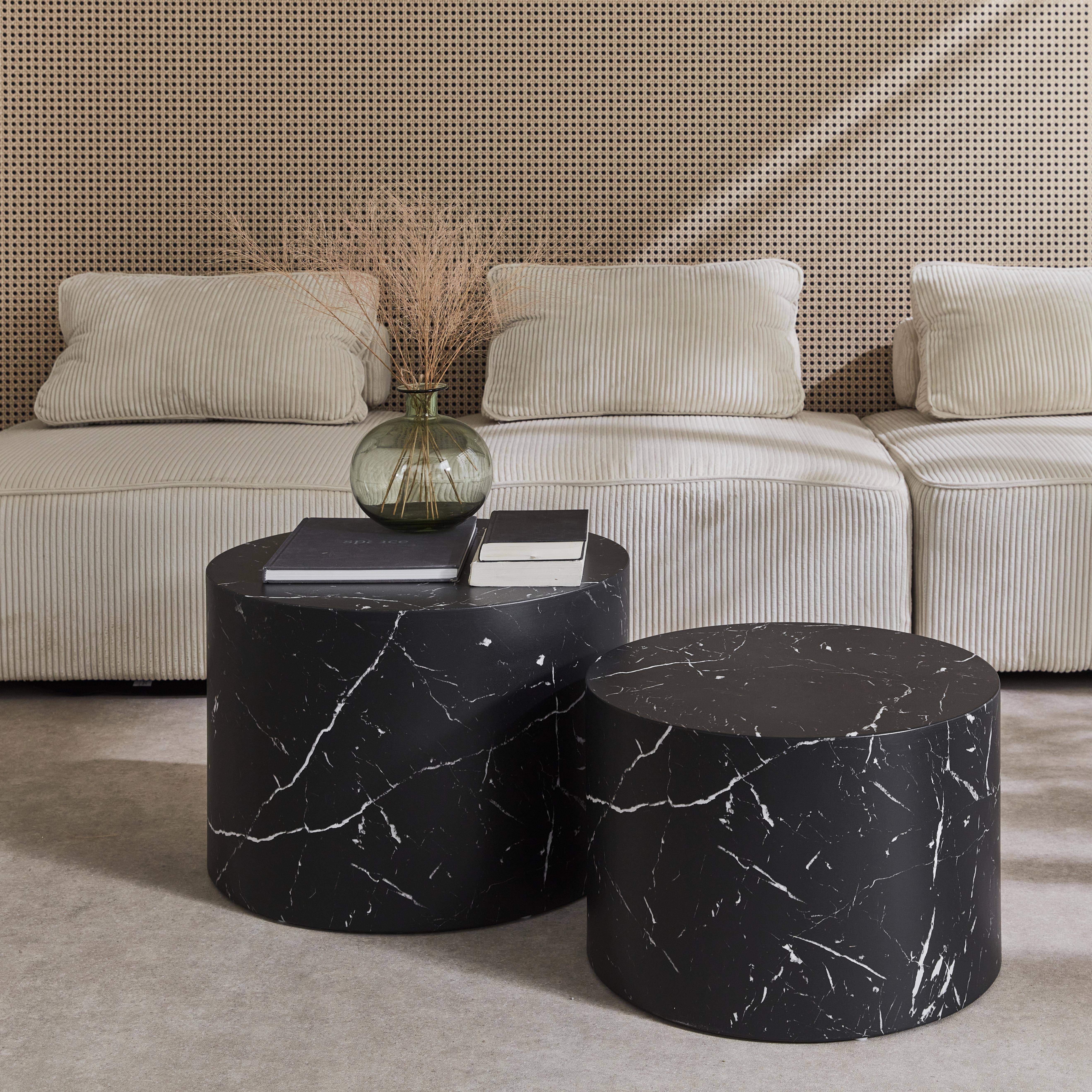 Pair of round marble-effect nesting coffee tables, Paros, Black, 1x58x40 cm,sweeek,Photo3