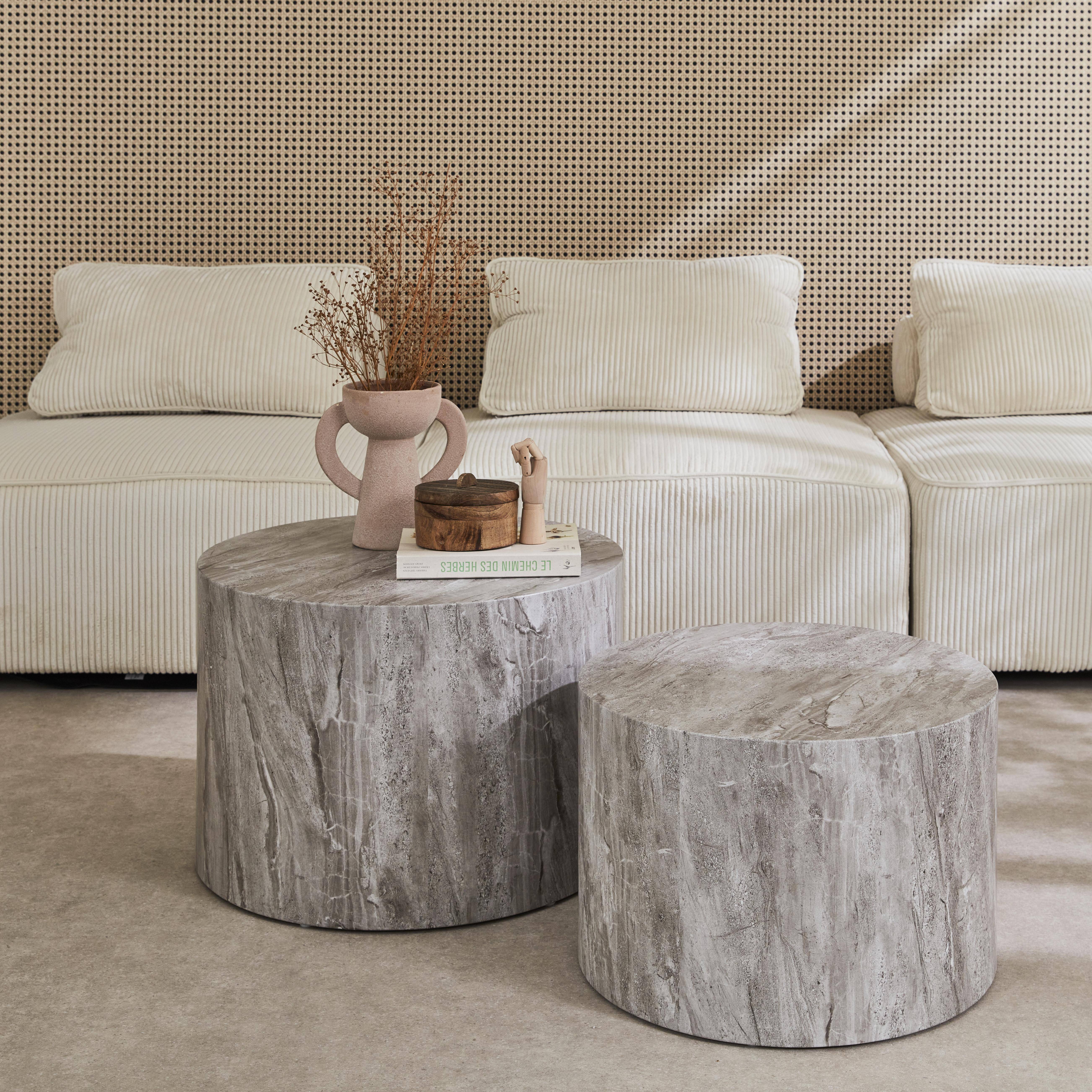 Conjunto de 2 mesas de centro redondas com efeito mármore cinzento, mesas de encaixe Ø58 x A 40cm / Ø50 x A 33cm Photo1