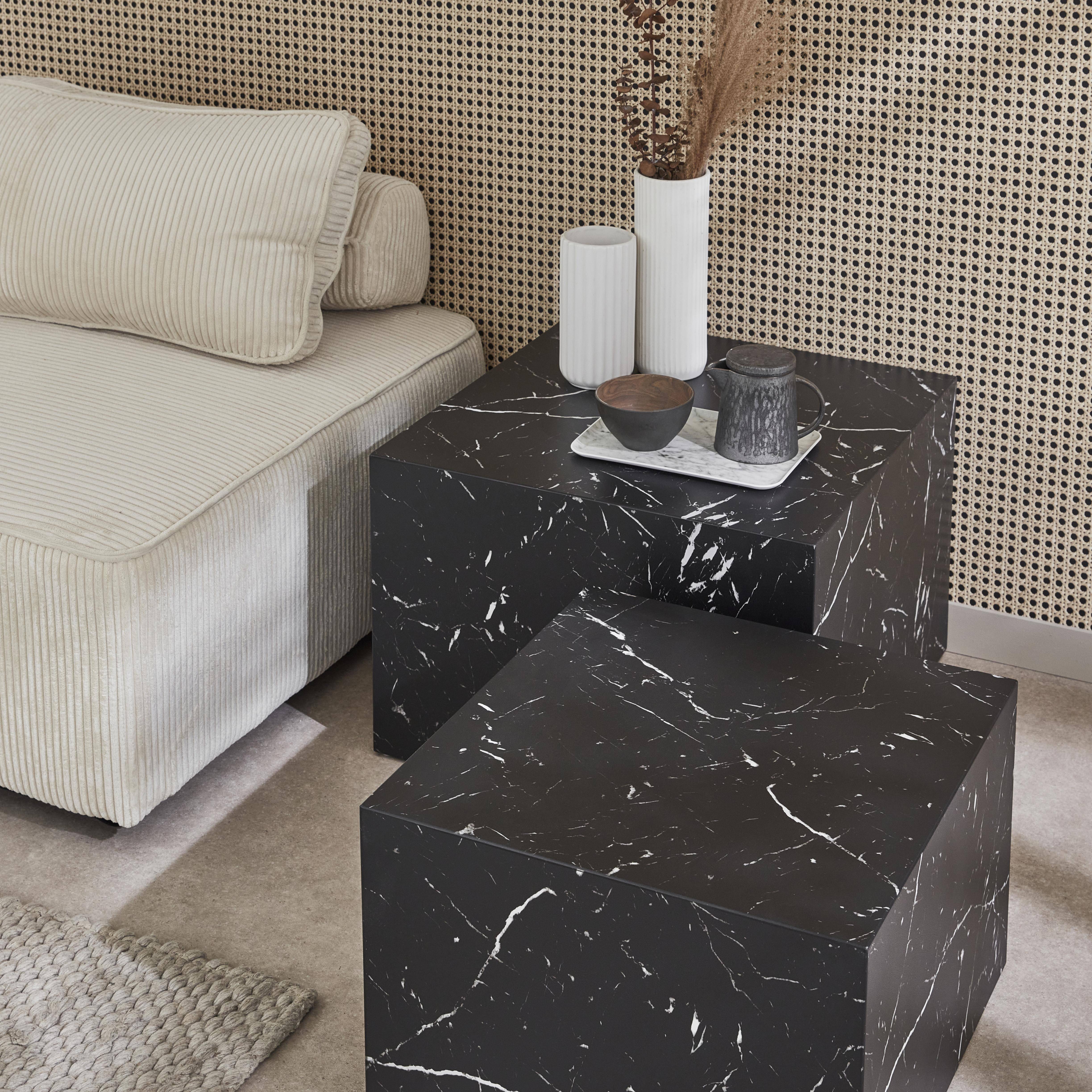 Set of 2 square coffee tables with marble effect, black, L50xW50xH33cm &  L58xW58xH40cm, Paros Photo2