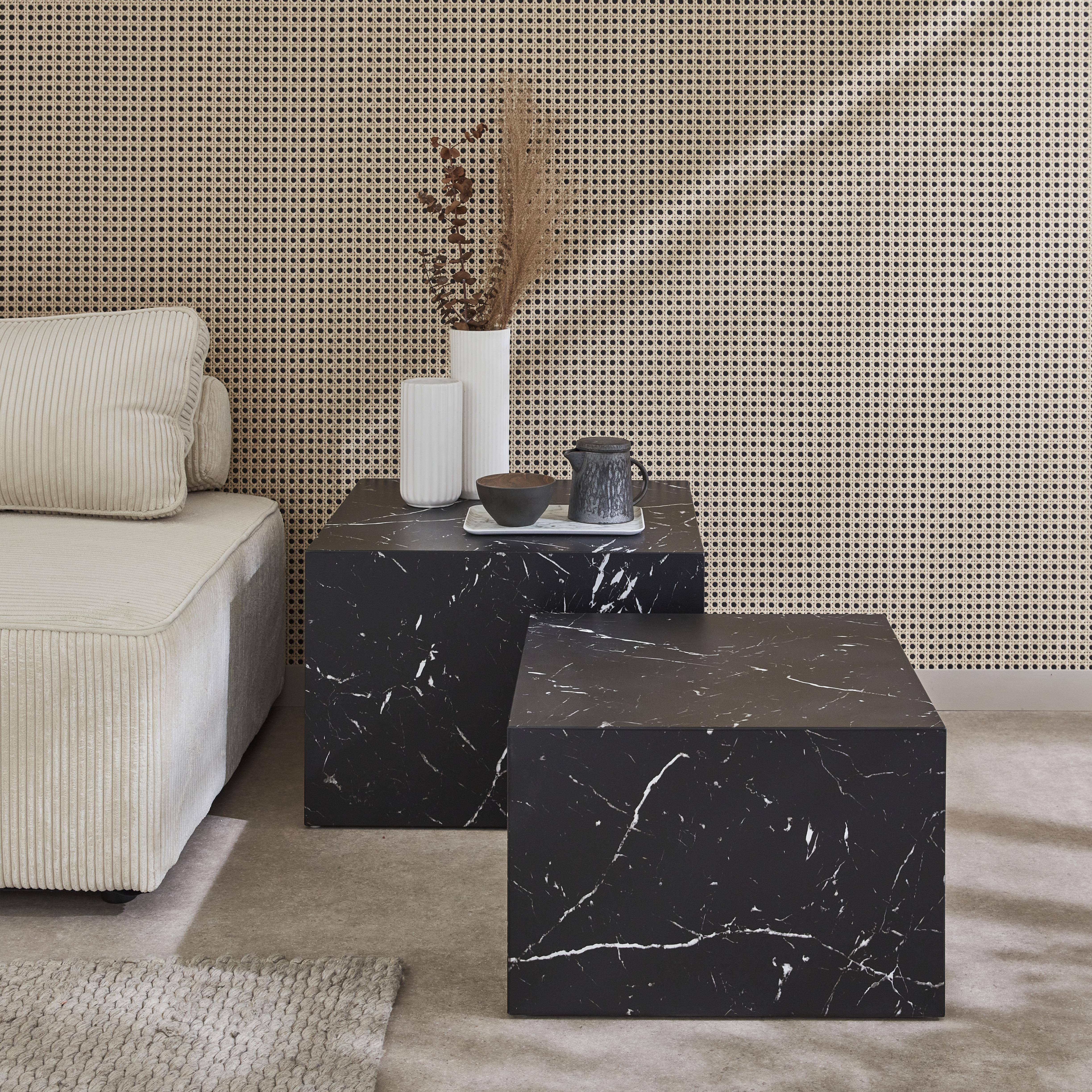 Set of 2 square coffee tables with marble effect, black, L50xW50xH33cm &  L58xW58xH40cm, Paros,sweeek,Photo1