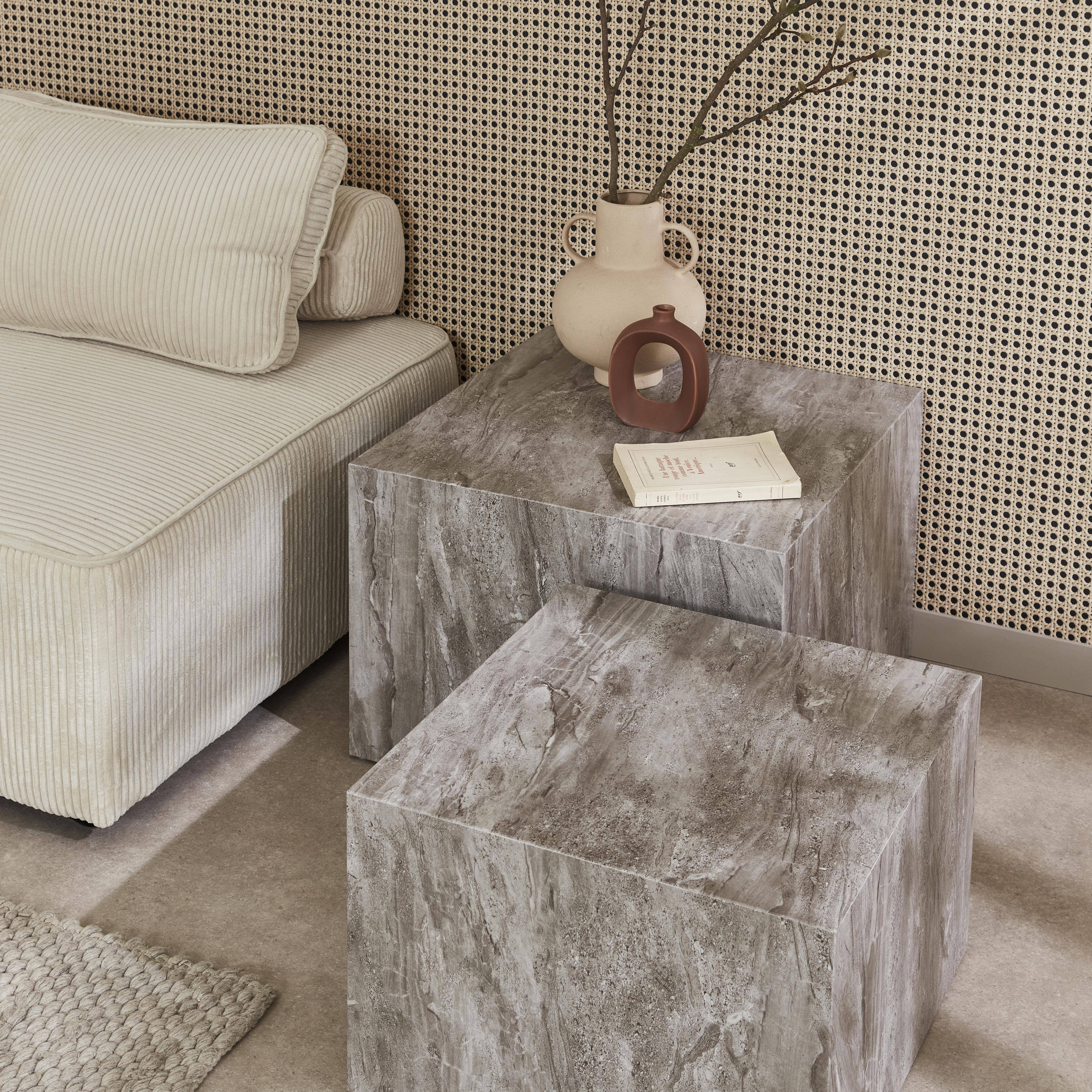 Set of 2 square coffee tables with marble effect, grey, L50xW50xH33cm &  L58xW58xH40cm, Paros,sweeek,Photo2