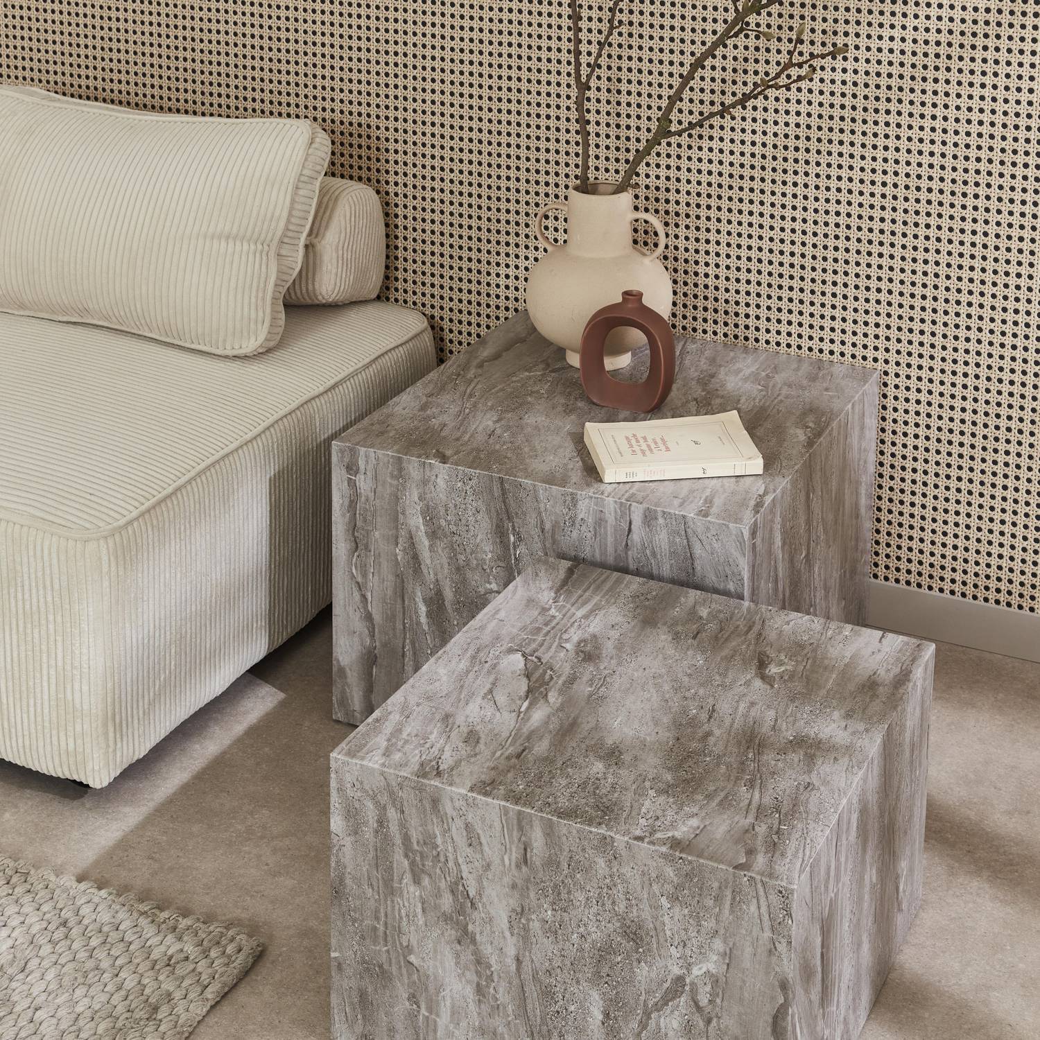 Set of 2 square coffee tables with marble effect, grey, L50xW50xH33cm &  L58xW58xH40cm, Paros Photo2