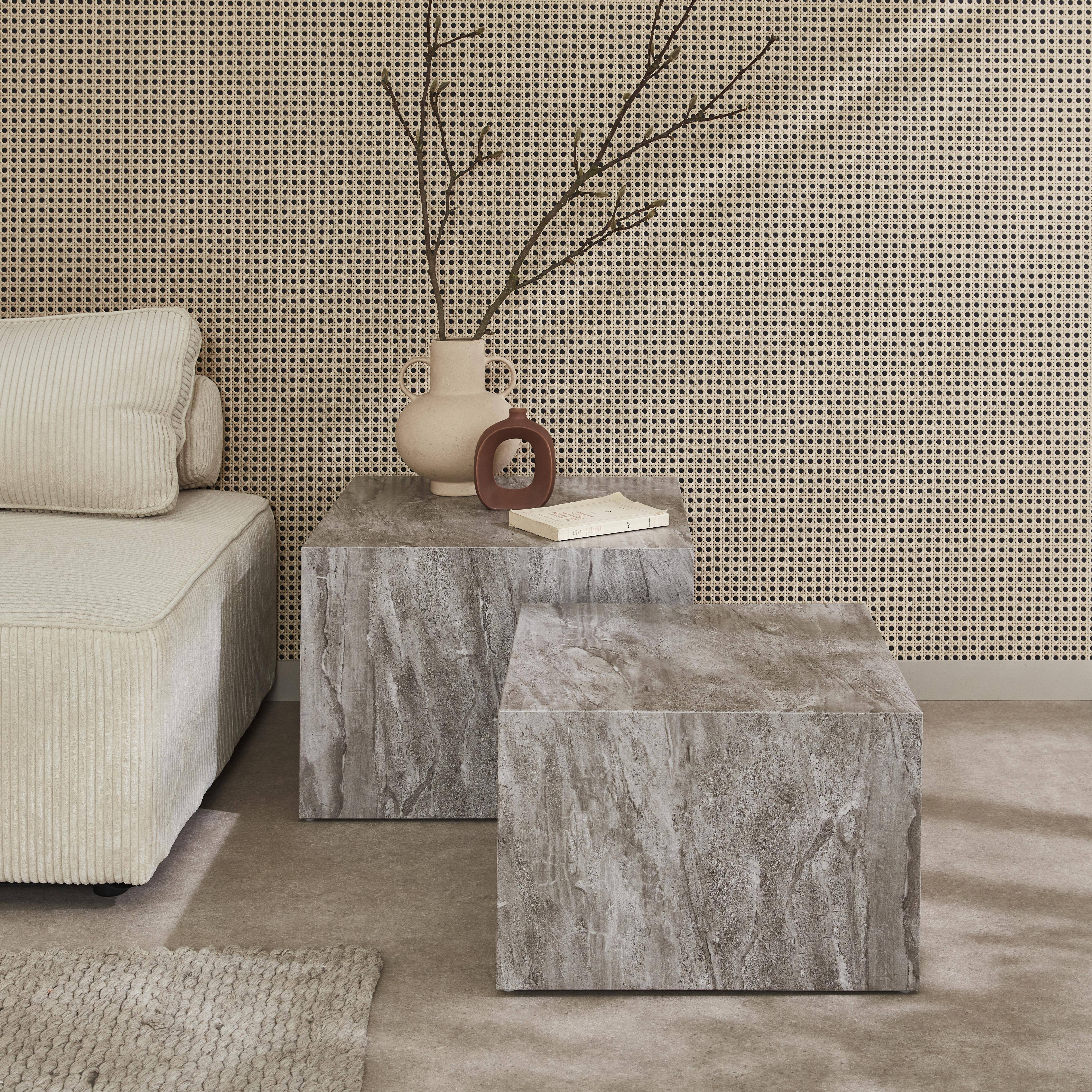 Set of 2 square coffee tables with marble effect, grey, L50xW50xH33cm &  L58xW58xH40cm, Paros,sweeek,Photo1