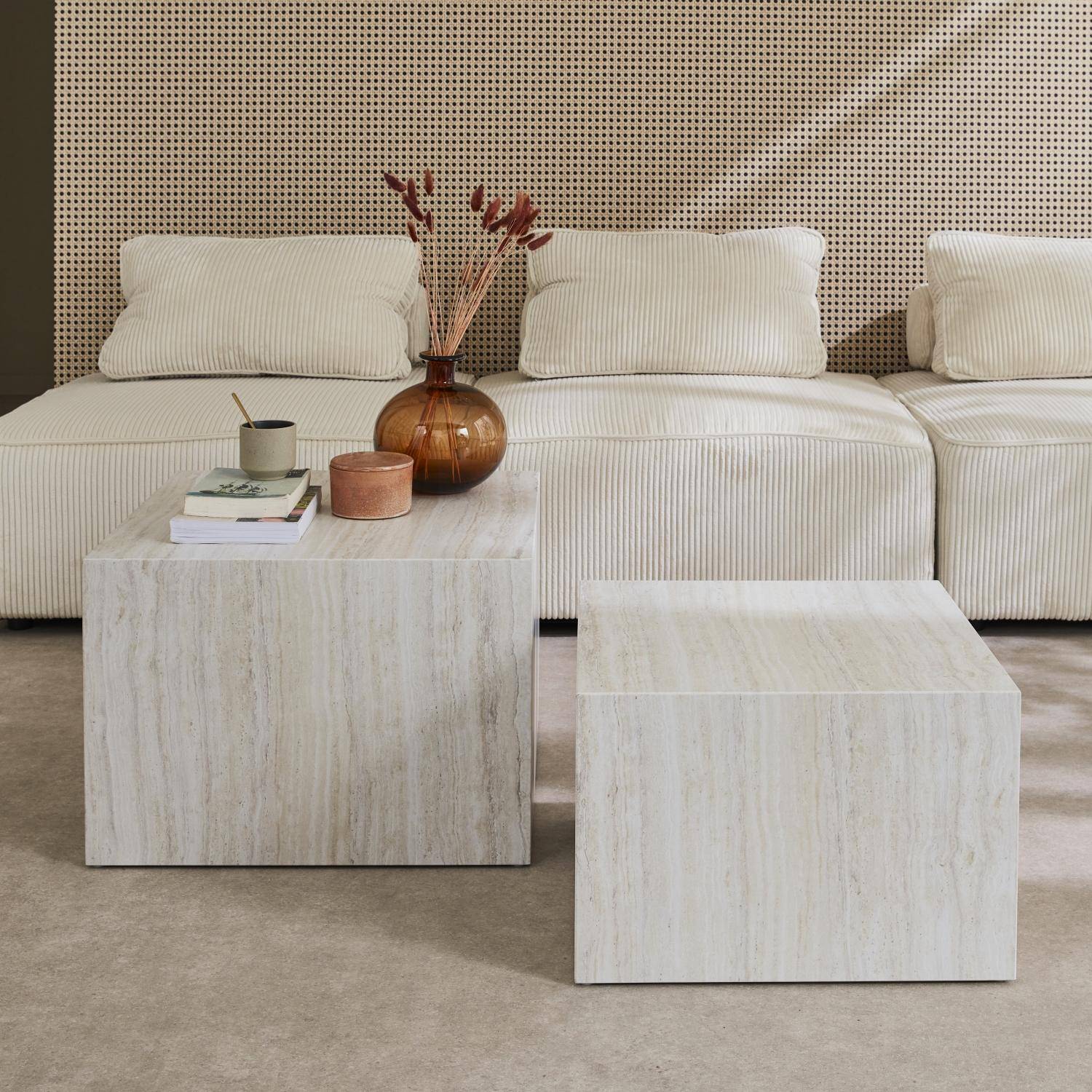Lot de 2 tables basses effet marbre blanc cassé PAROS,  L 58 x l 58 x H 40cm / L 50 x l 50 x H 33cm Photo1