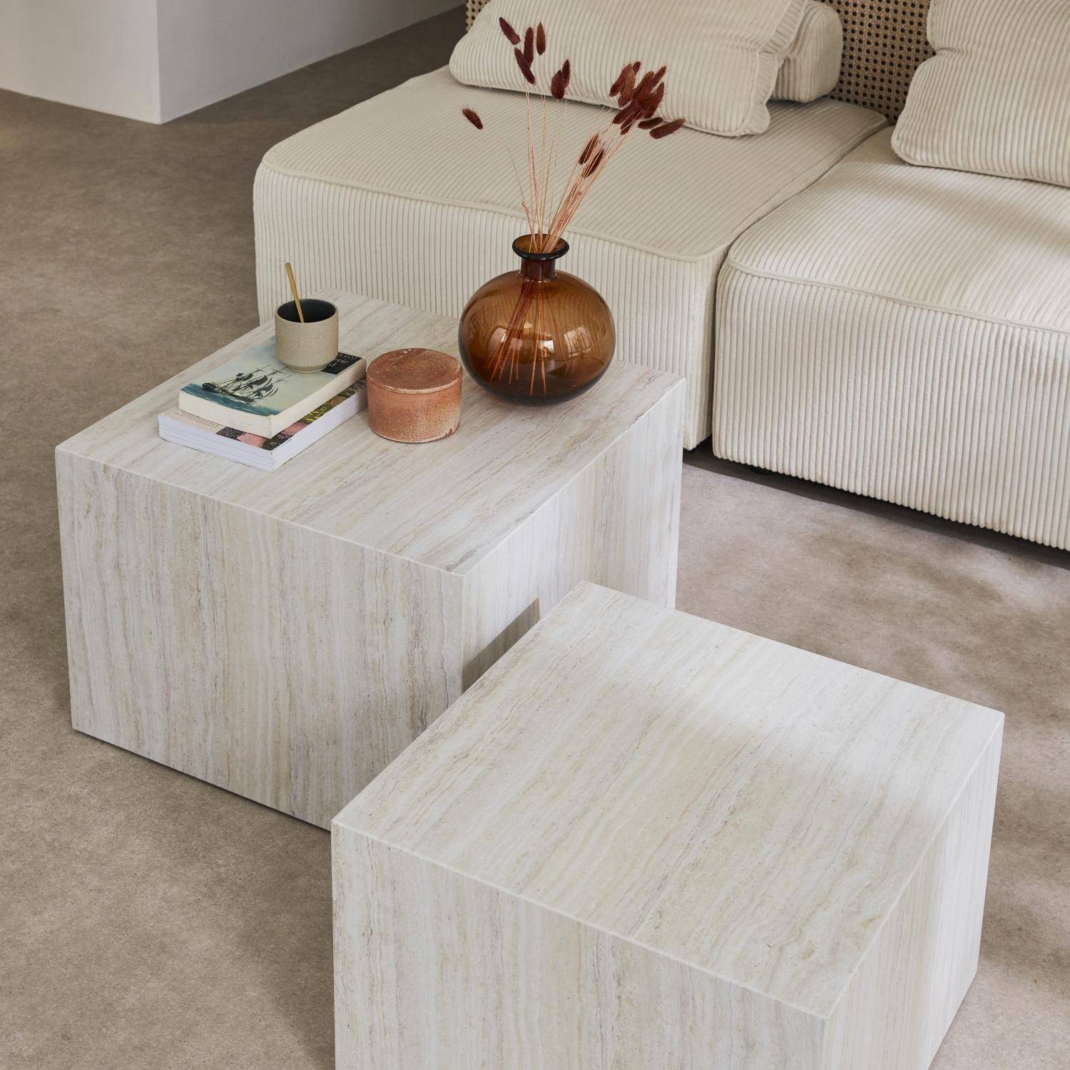 Lot de 2 tables basses effet marbre blanc cassé PAROS,  L 58 x l 58 x H 40cm / L 50 x l 50 x H 33cm Photo2