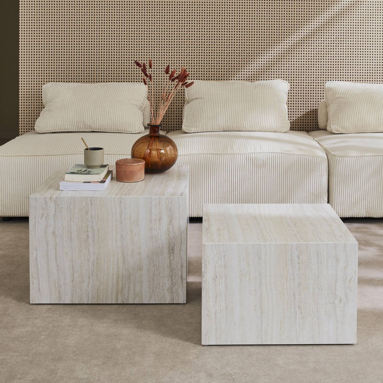 Set of 2 square coffee tables with marble effect, white, L50xW50xH33cm &  L58xW58xH40cm, Paros Photo1