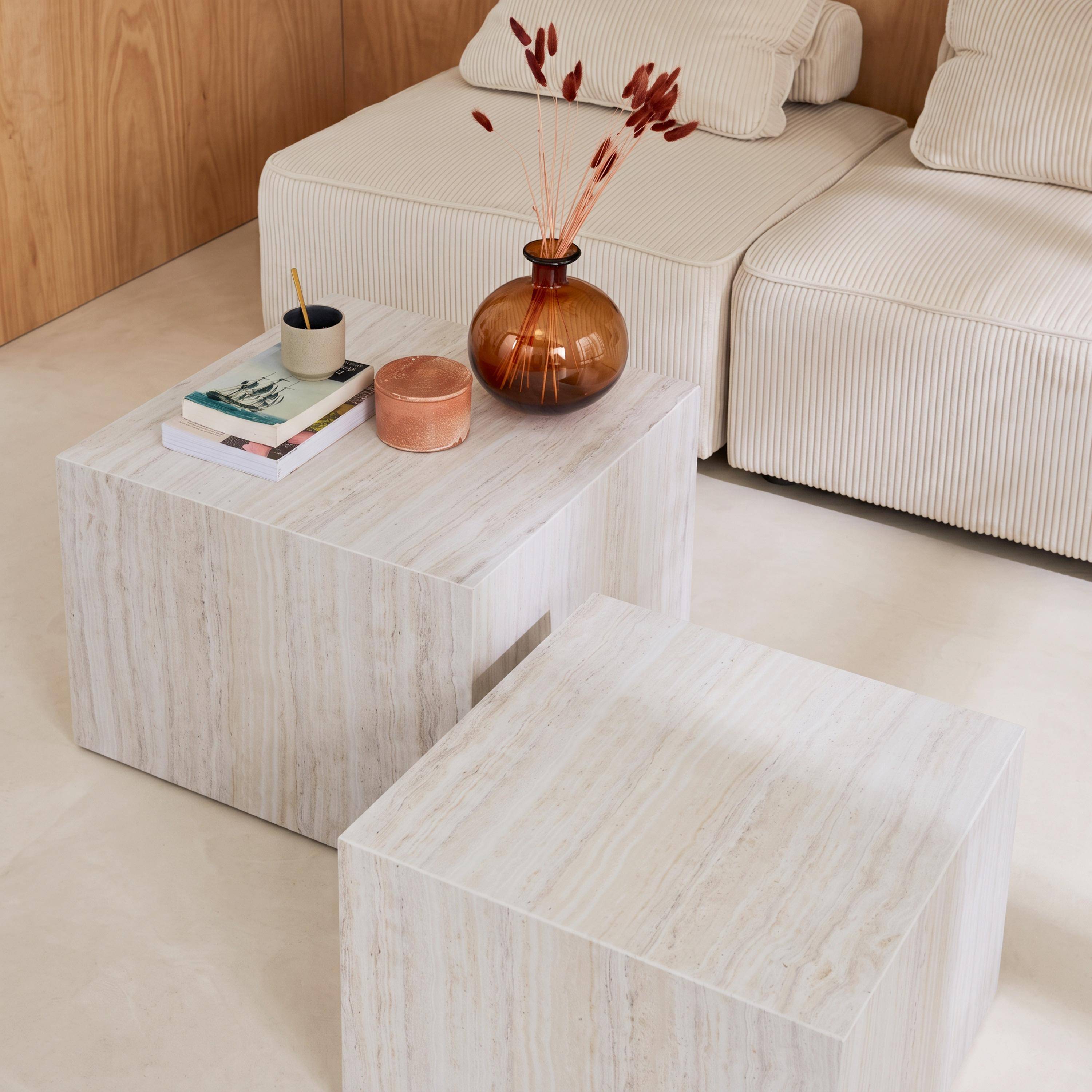 Lot de 2 tables basses effet marbre blanc cassé PAROS,  L 58 x l 58 x H 40cm / L 50 x l 50 x H 33cm Photo2