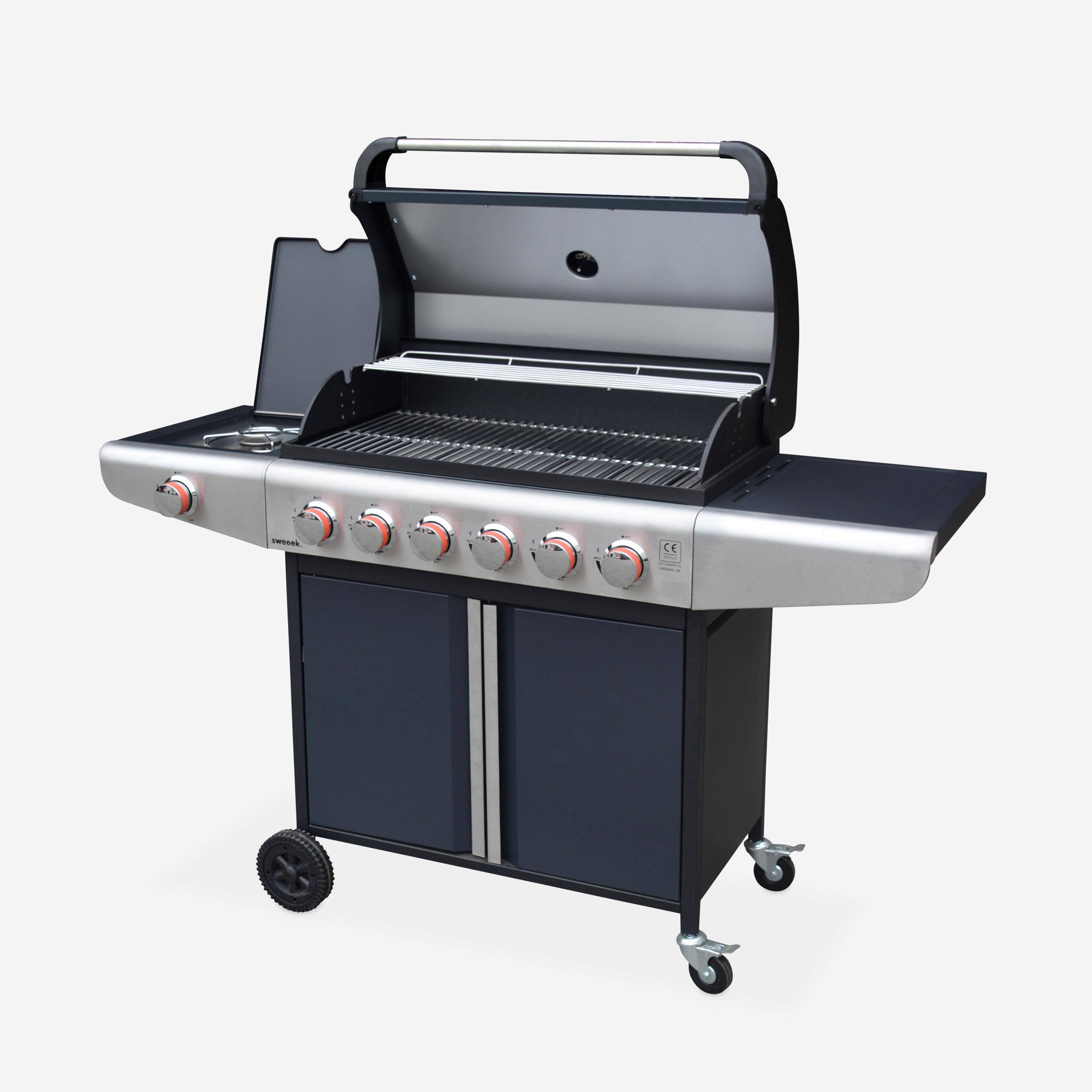 Barbecue a gas con 7 bruciatori di cui 1 laterale, Bazin, Nero, 146x54x109 cm Photo2