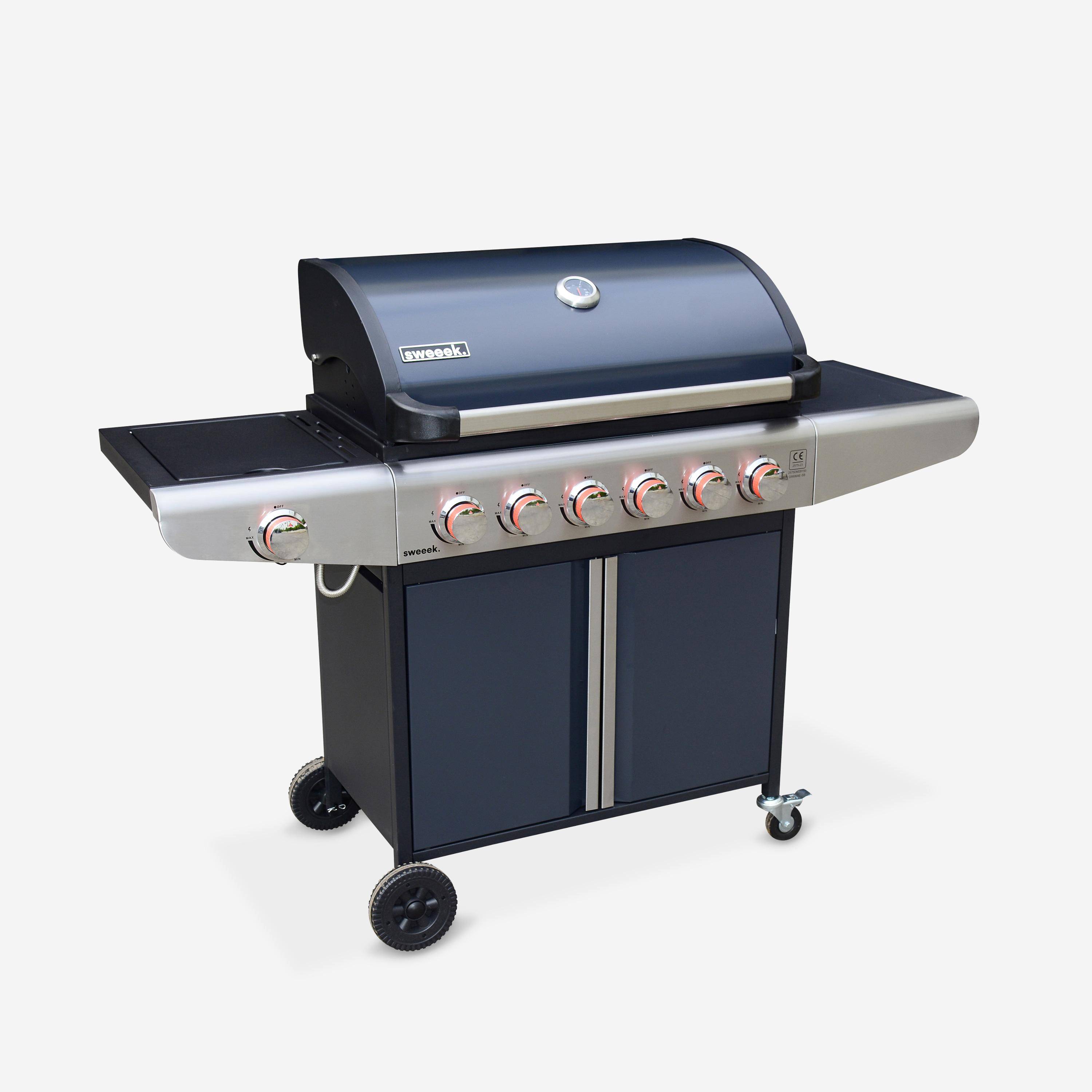 Barbecue a gas con 7 bruciatori di cui 1 laterale, Bazin, Nero, 146x54x109 cm Photo1
