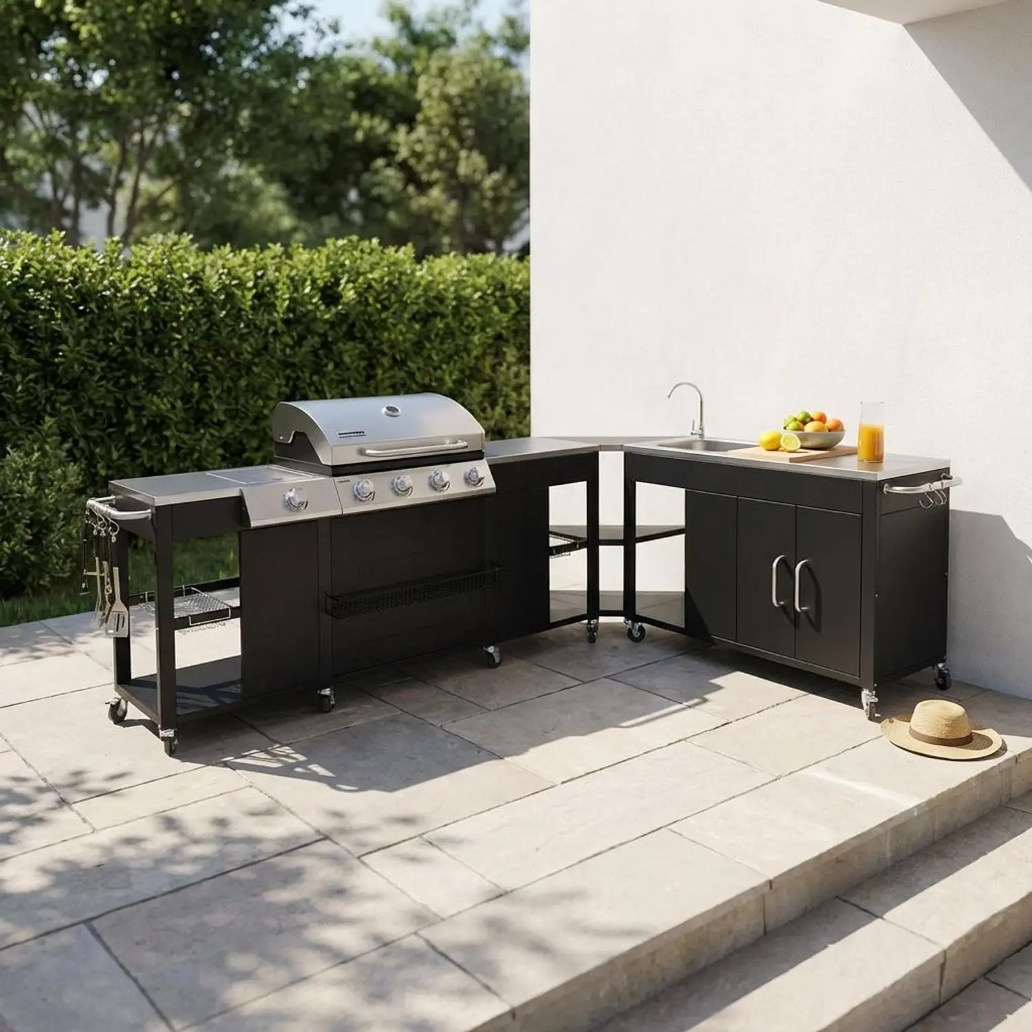 Modulo cucina da esterno con barbecue a 4 bruciatori, fuoco laterale, lavello e porta utensili Nero - 247x187x112 cm Photo1