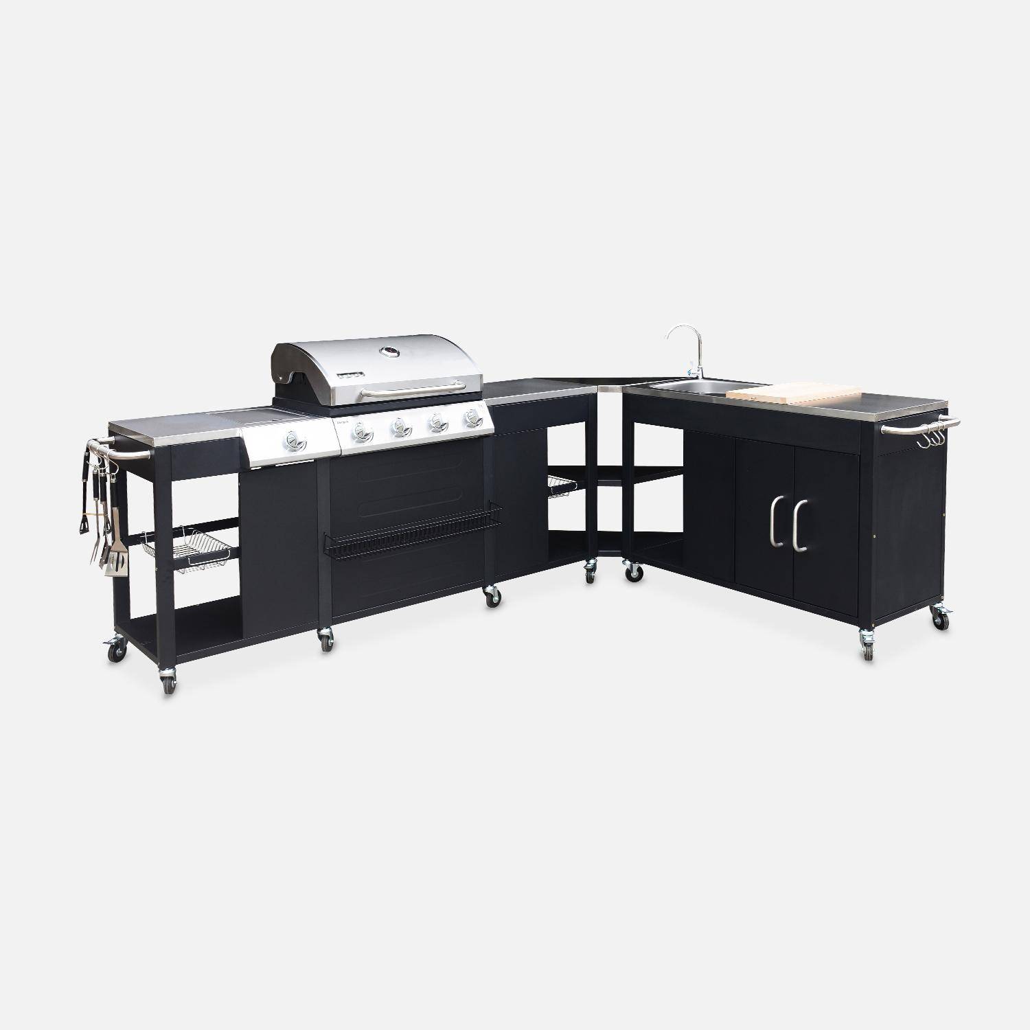 Modulo cucina da esterno con barbecue a 4 bruciatori, fuoco laterale, lavello e porta utensili Nero - 247x187x112 cm,sweeek,Photo2