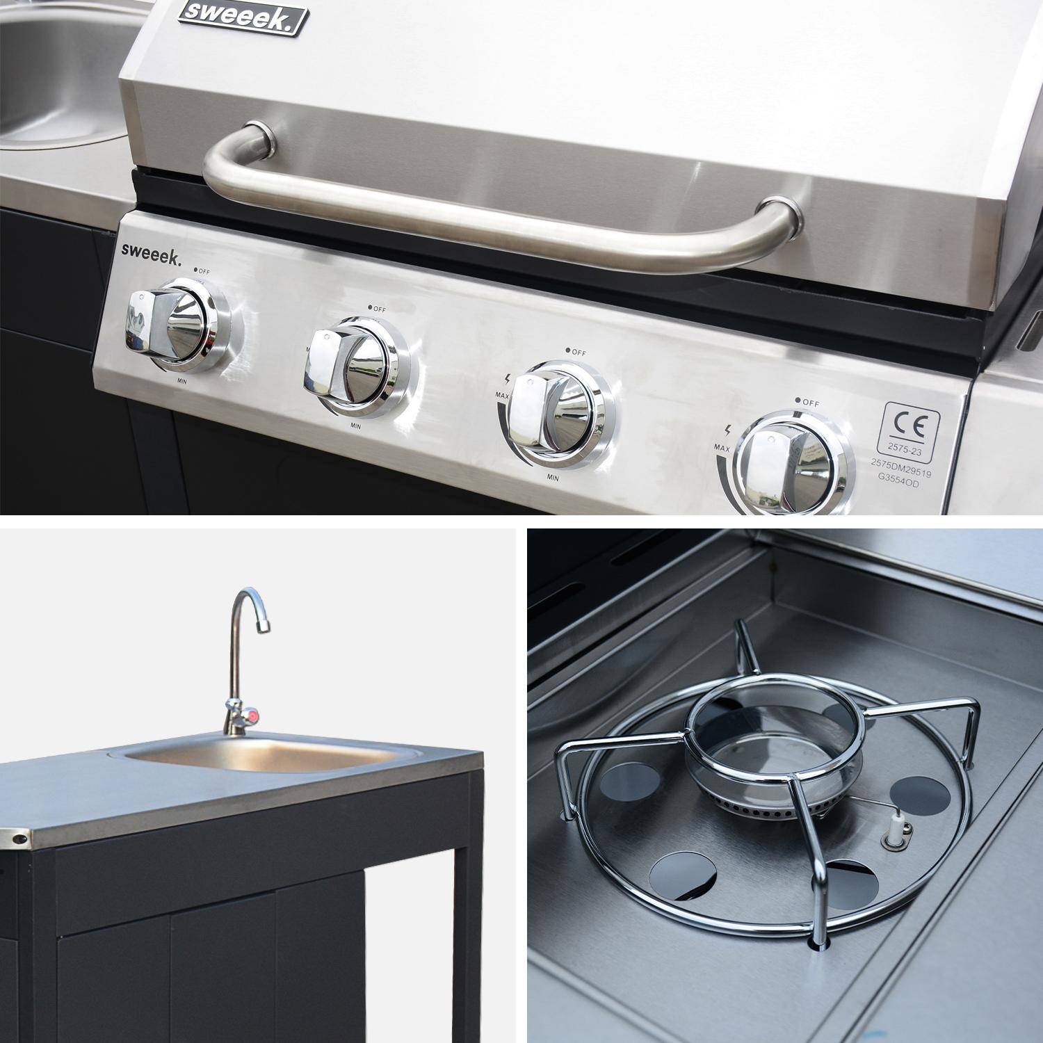 Modulo cucina da esterno con barbecue a 4 bruciatori, fuoco laterale, lavello e porta utensili Nero - 247x187x112 cm,sweeek,Photo5