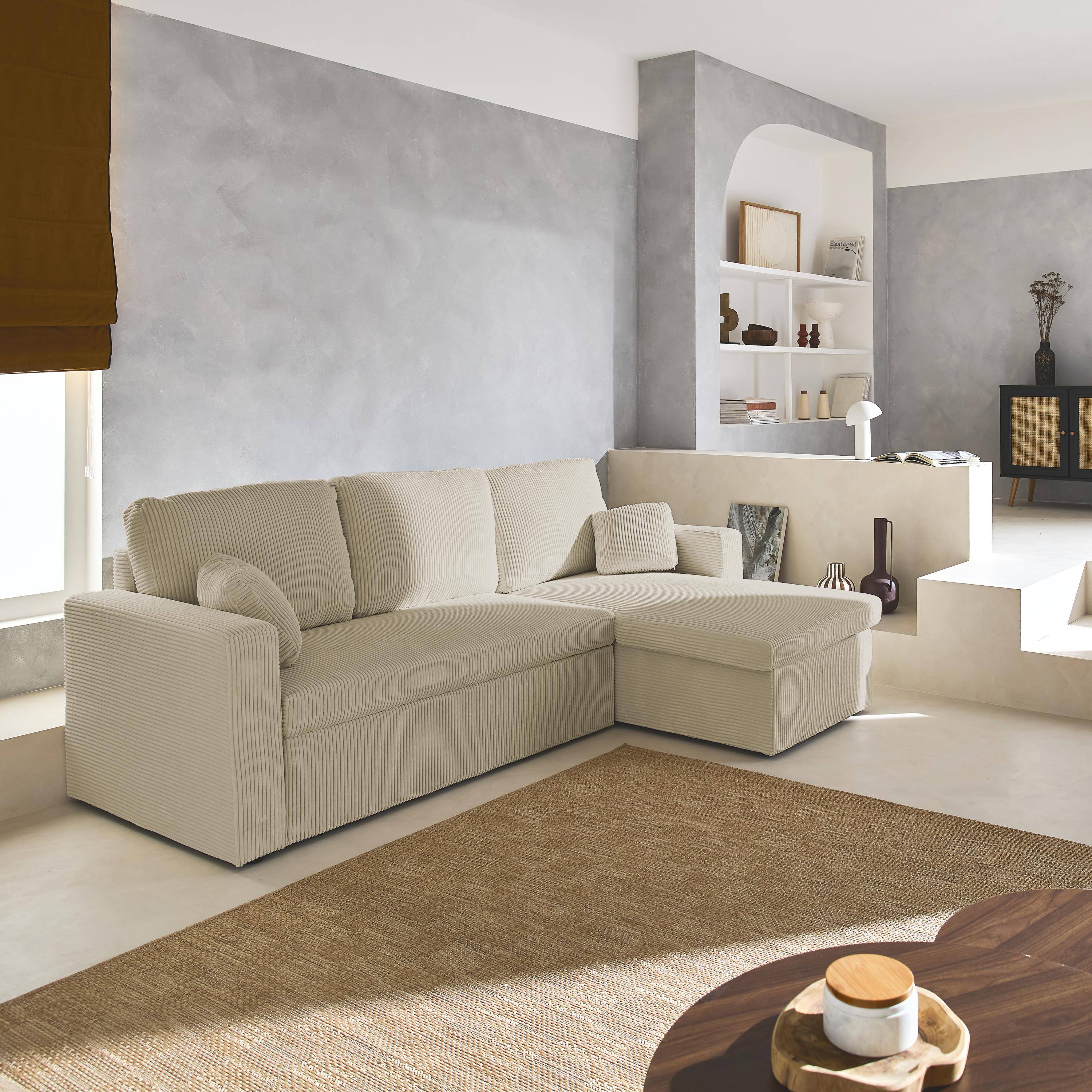 Ecksofa beigegrau mit Schlaffunktion, Ecke beidseitig montierbar, Cord-Bezug breit gerippt, 3-Sitzer – Ida Photo1