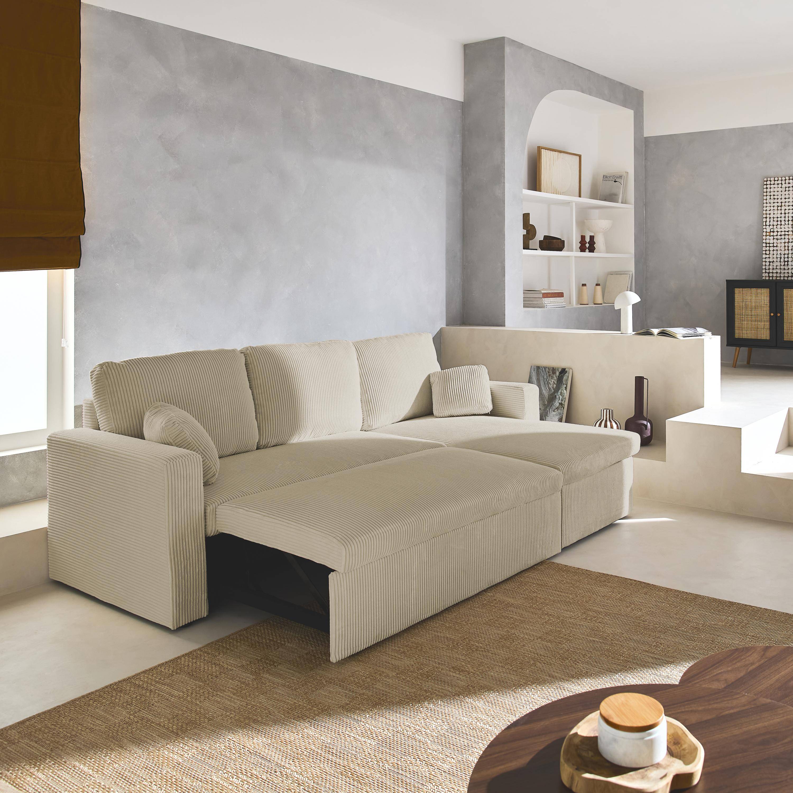 Ecksofa beigegrau mit Schlaffunktion, Ecke beidseitig montierbar, Cord-Bezug breit gerippt, 3-Sitzer – Ida Photo2